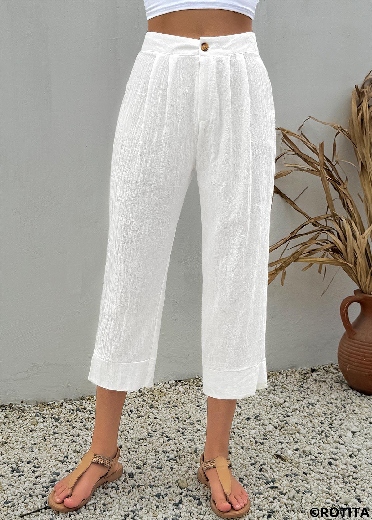 White bottoms,Plain Color bottoms,White Button Fly High Waisted Pants