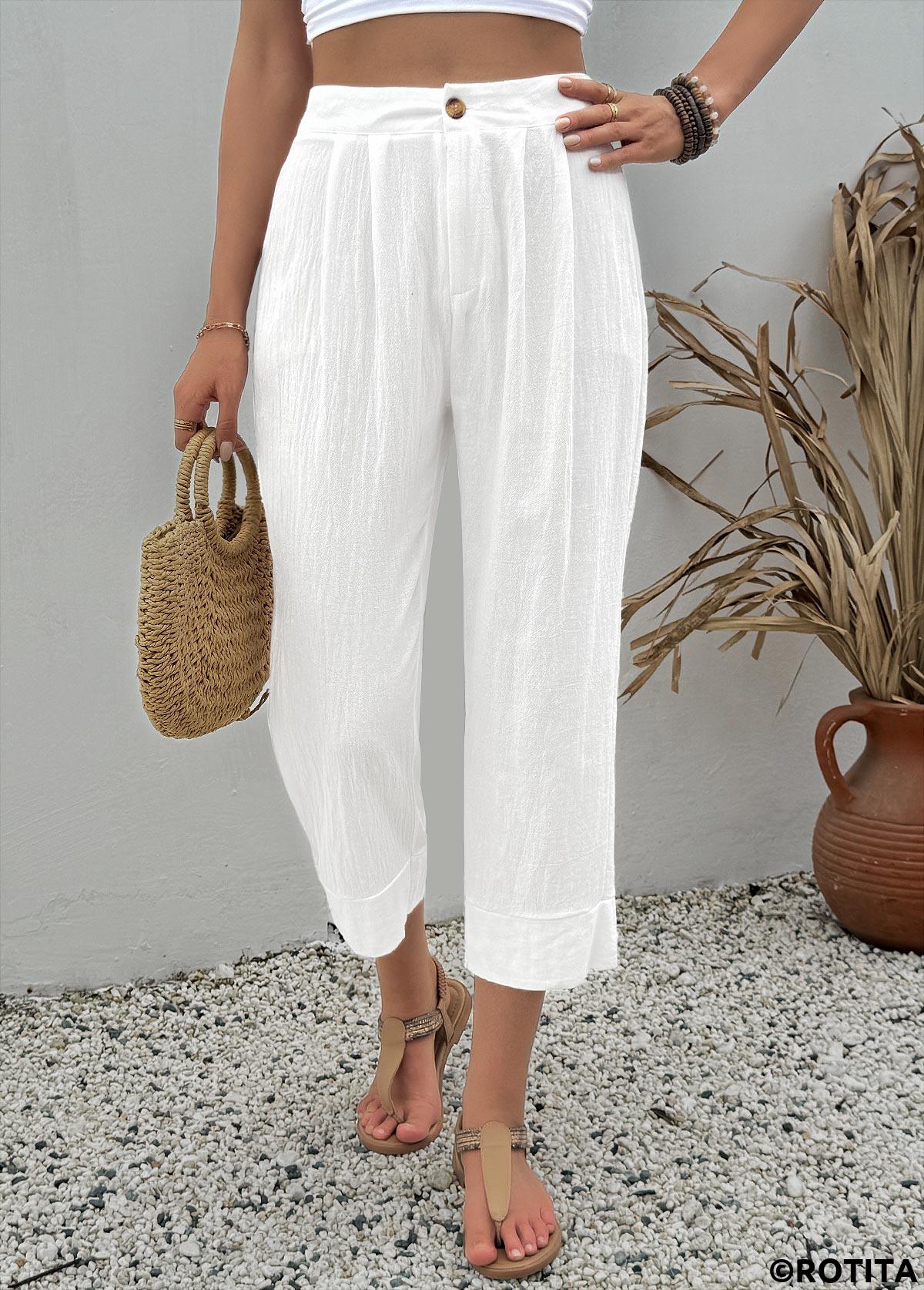 White bottoms,Plain Color bottoms,White Button Fly High Waisted Pants