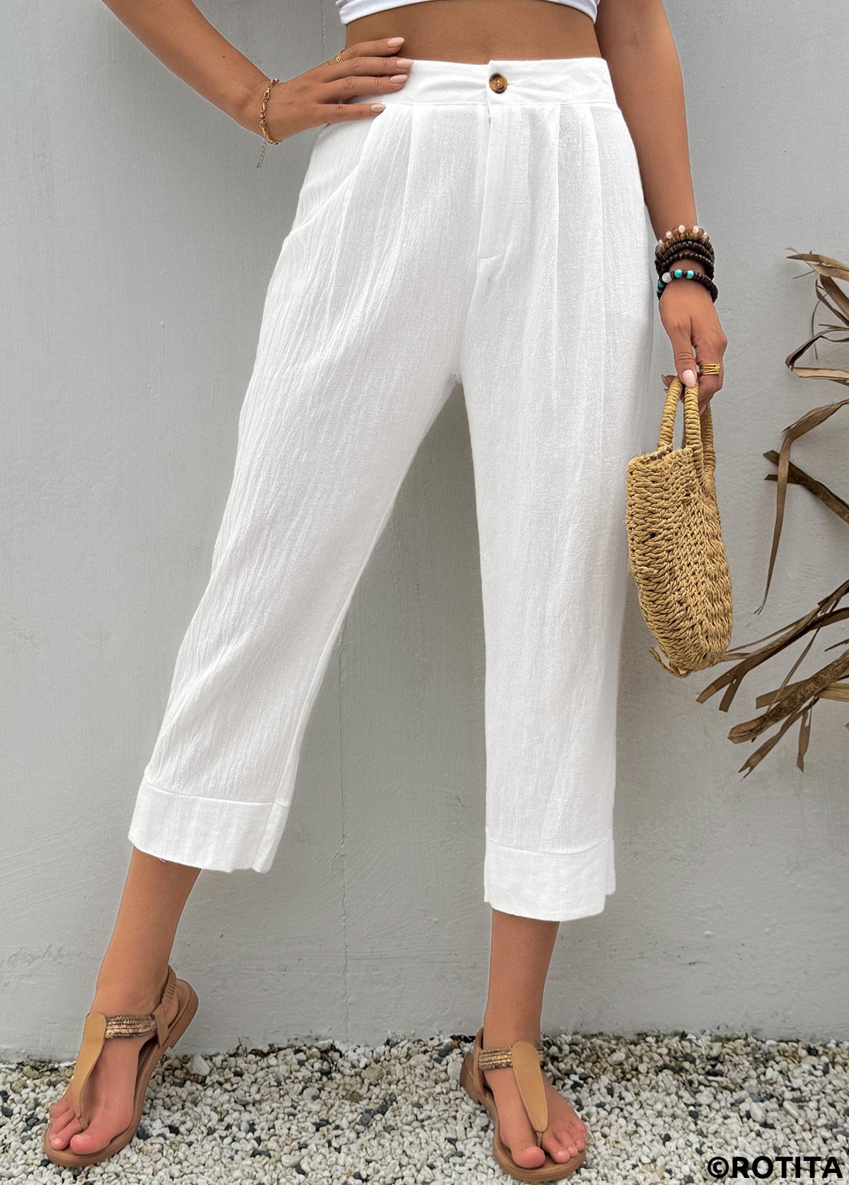 White bottoms,Plain Color bottoms,White Button Fly High Waisted Pants