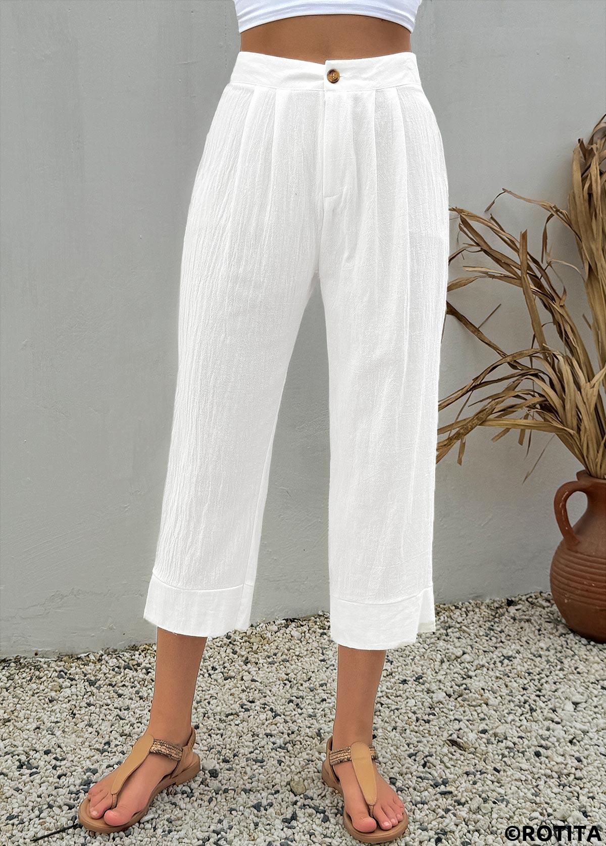 White bottoms,Plain Color bottoms,White Button Fly High Waisted Pants