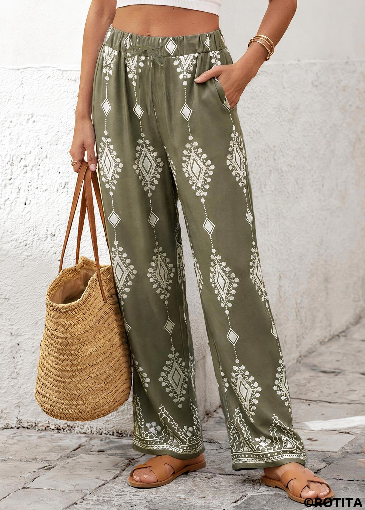 Olive Green bottoms,Tribal bottoms,Tribal Print Olive Green Straight Leg Elastic Waist Pants