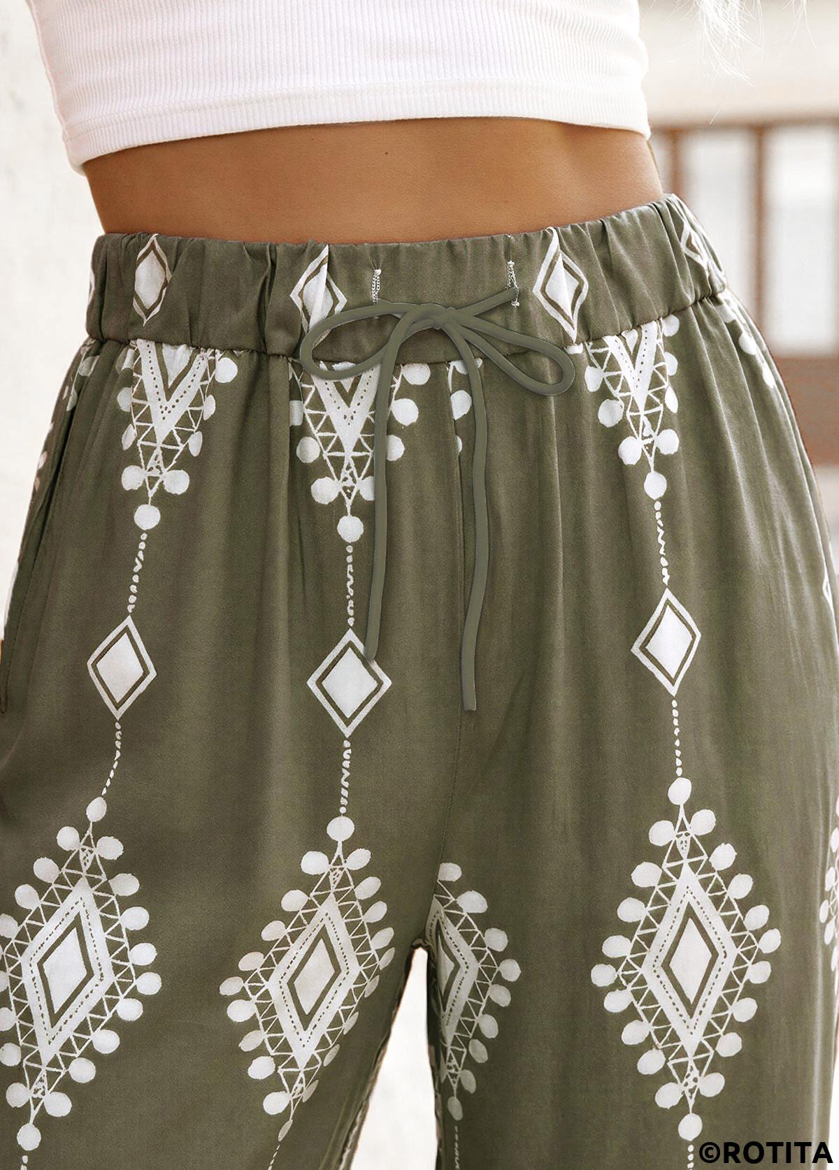 Olive Green bottoms,Tribal bottoms,Tribal Print Olive Green Straight Leg Elastic Waist Pants