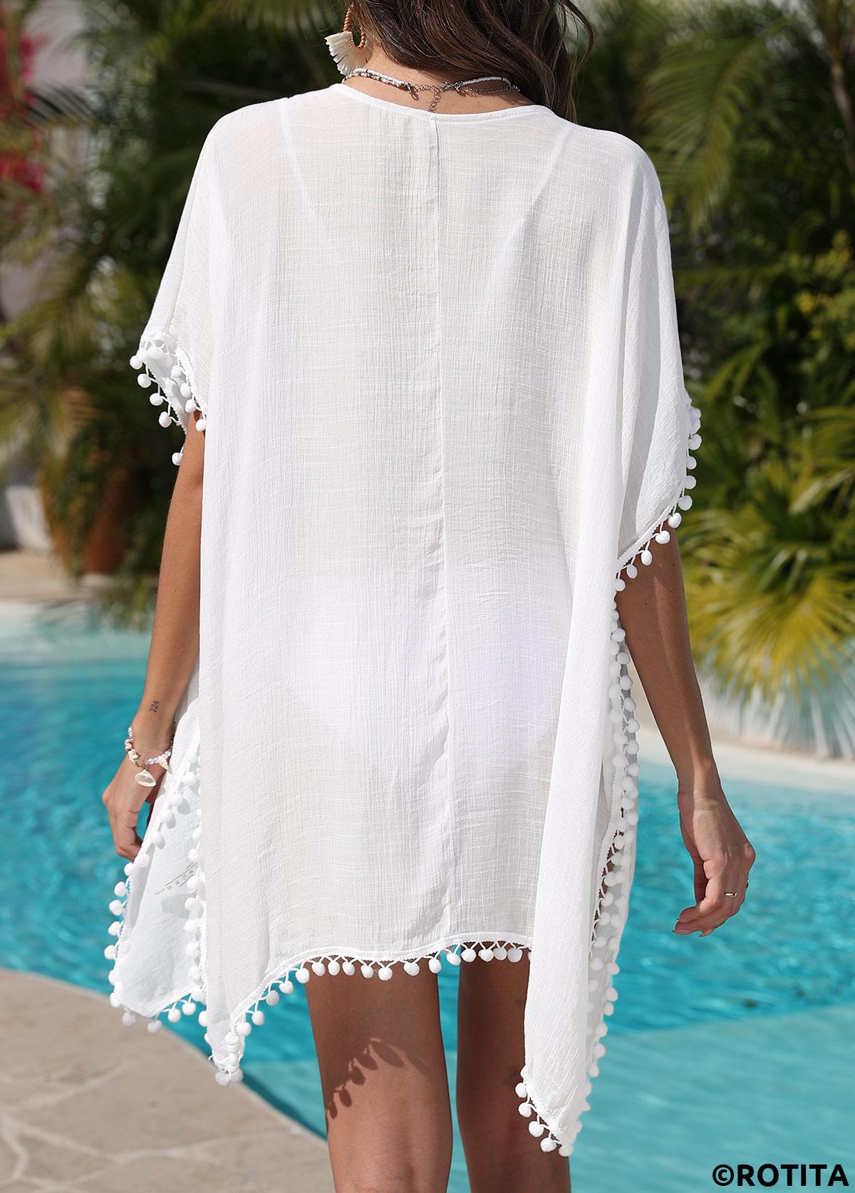 White swimwear,Plain Color swimwear,Handkerchief Hem White V Neck Cover Up