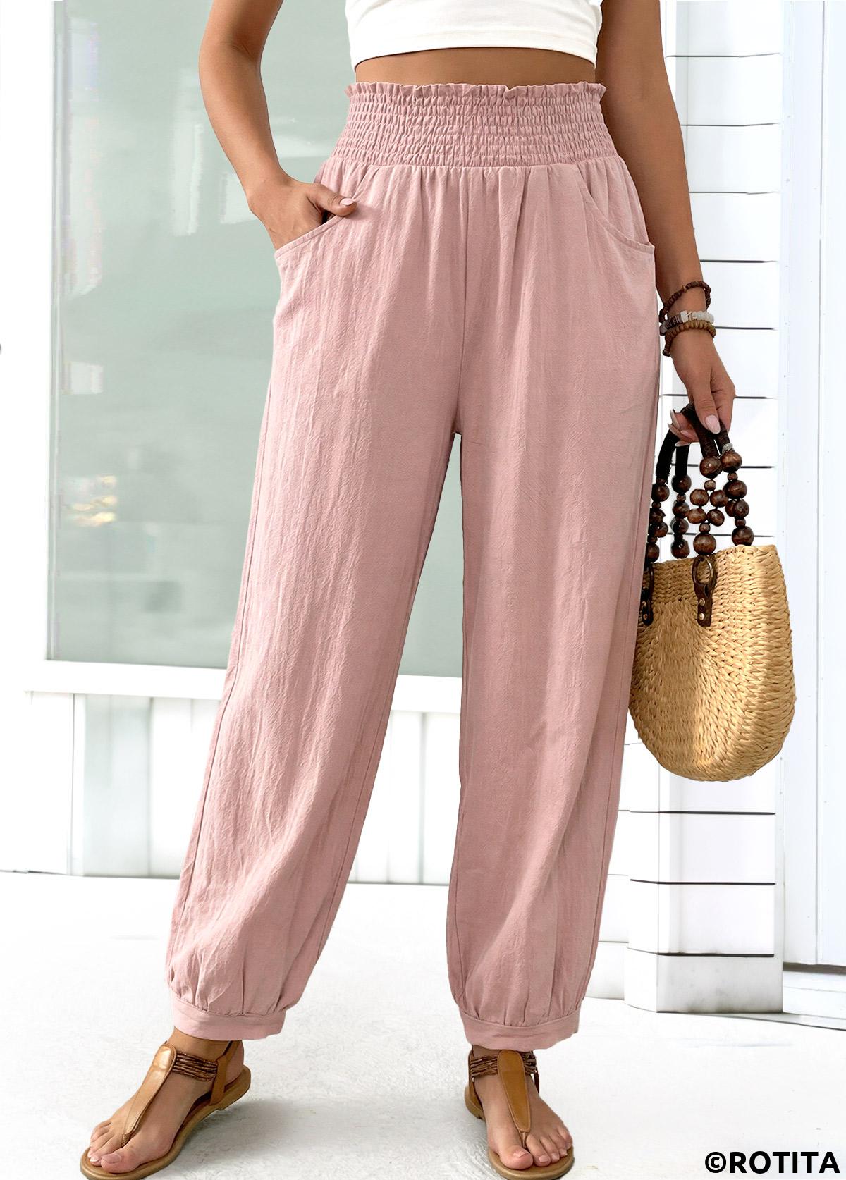 Pink bottoms,Plain Color bottoms,Pink Jogger Elastic Waist High Waisted Pants