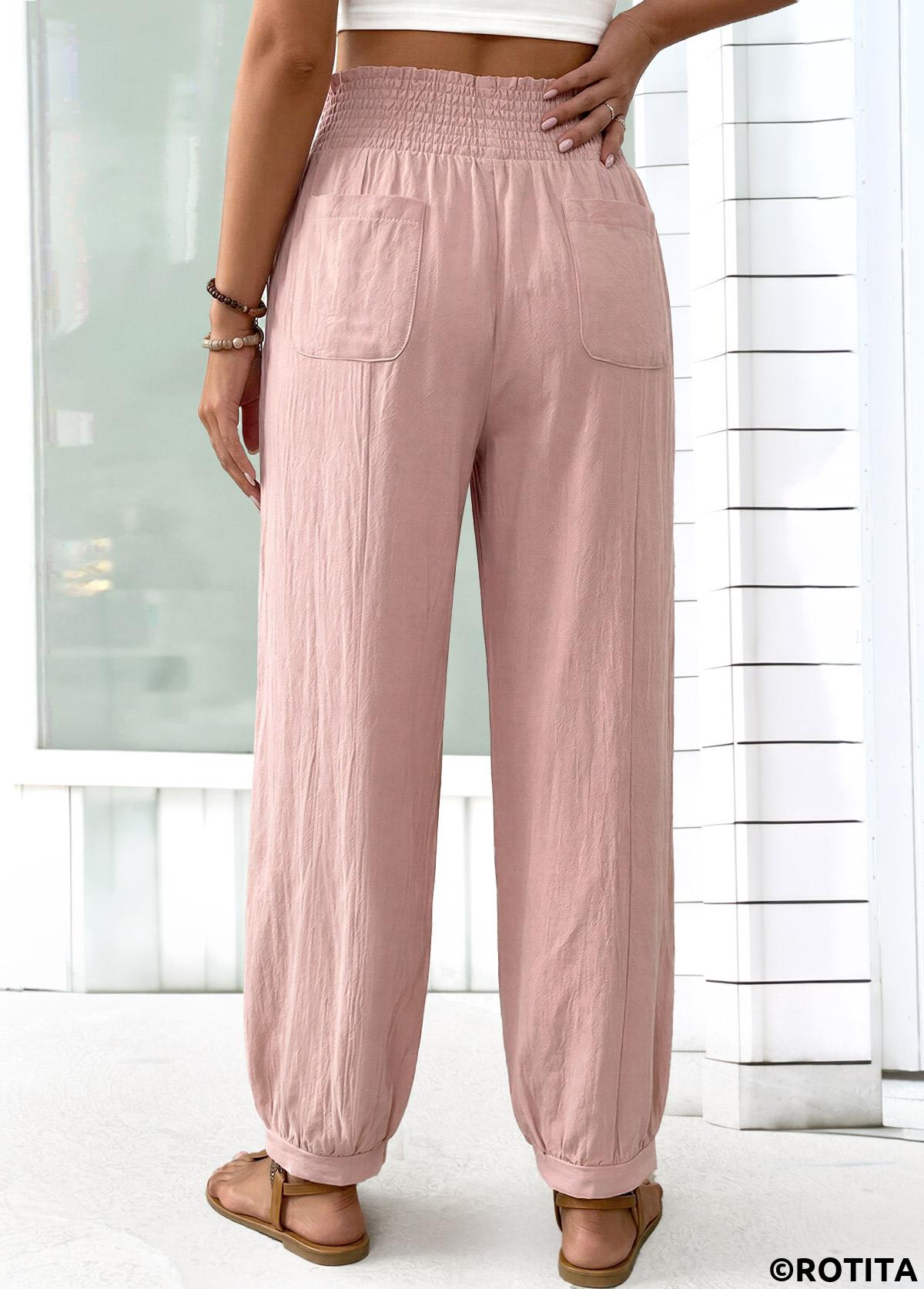 Pink bottoms,Plain Color bottoms,Pink Jogger Elastic Waist High Waisted Pants