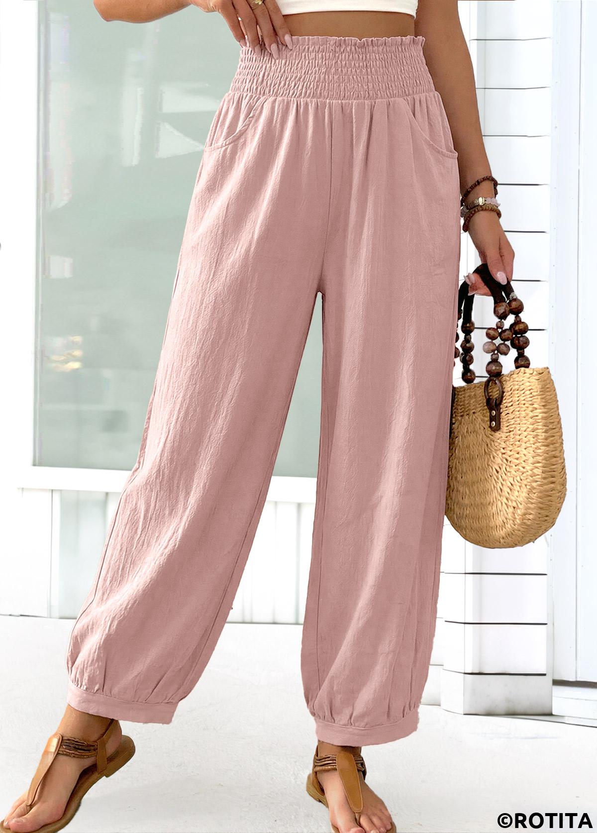 Pink bottoms,Plain Color bottoms,Pink Jogger Elastic Waist High Waisted Pants