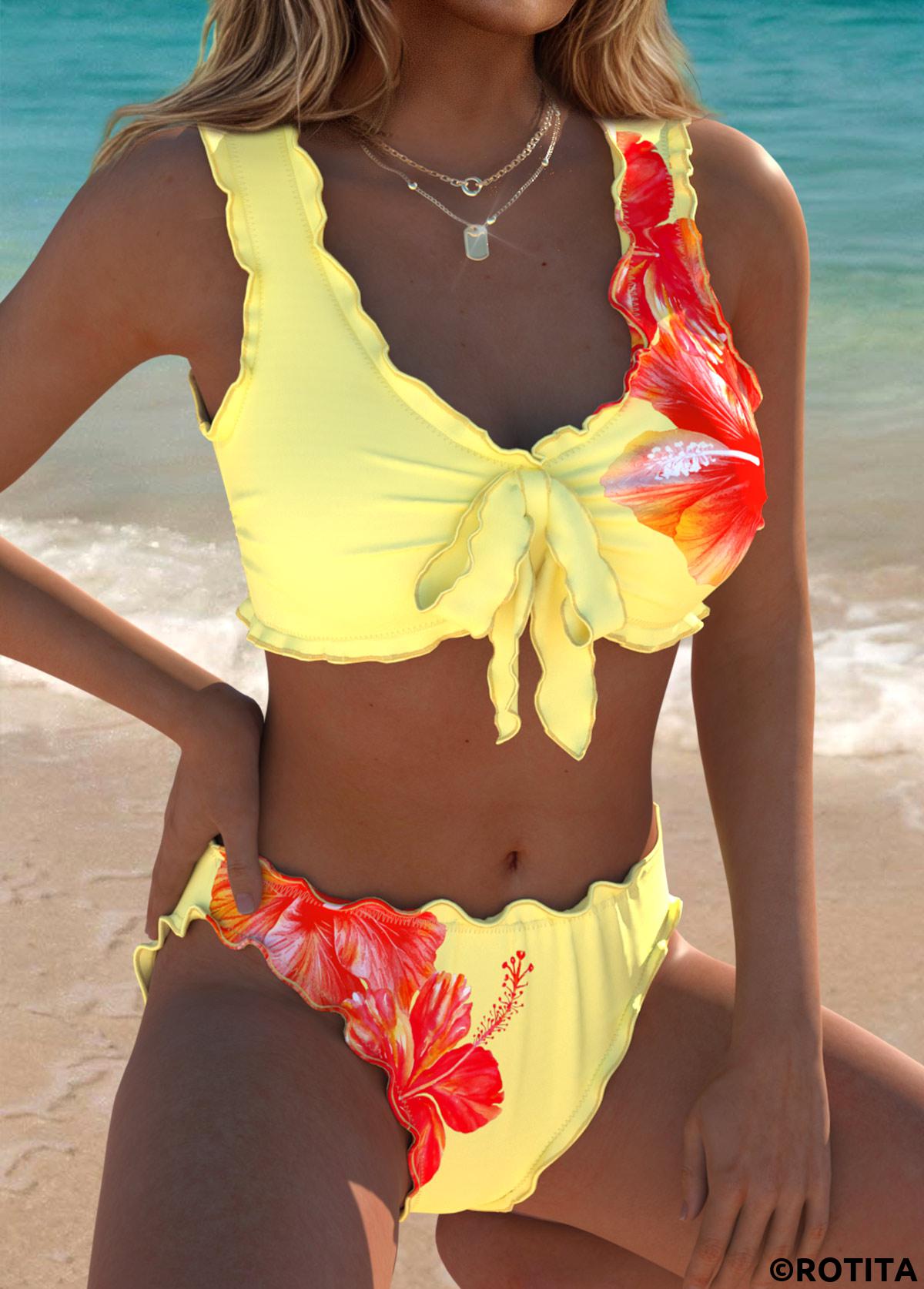 Light Yellow swimwear,Floral swimwear,Plants swimwear,ROTITA Pull On Light Yellow Floral Print Bikini Set