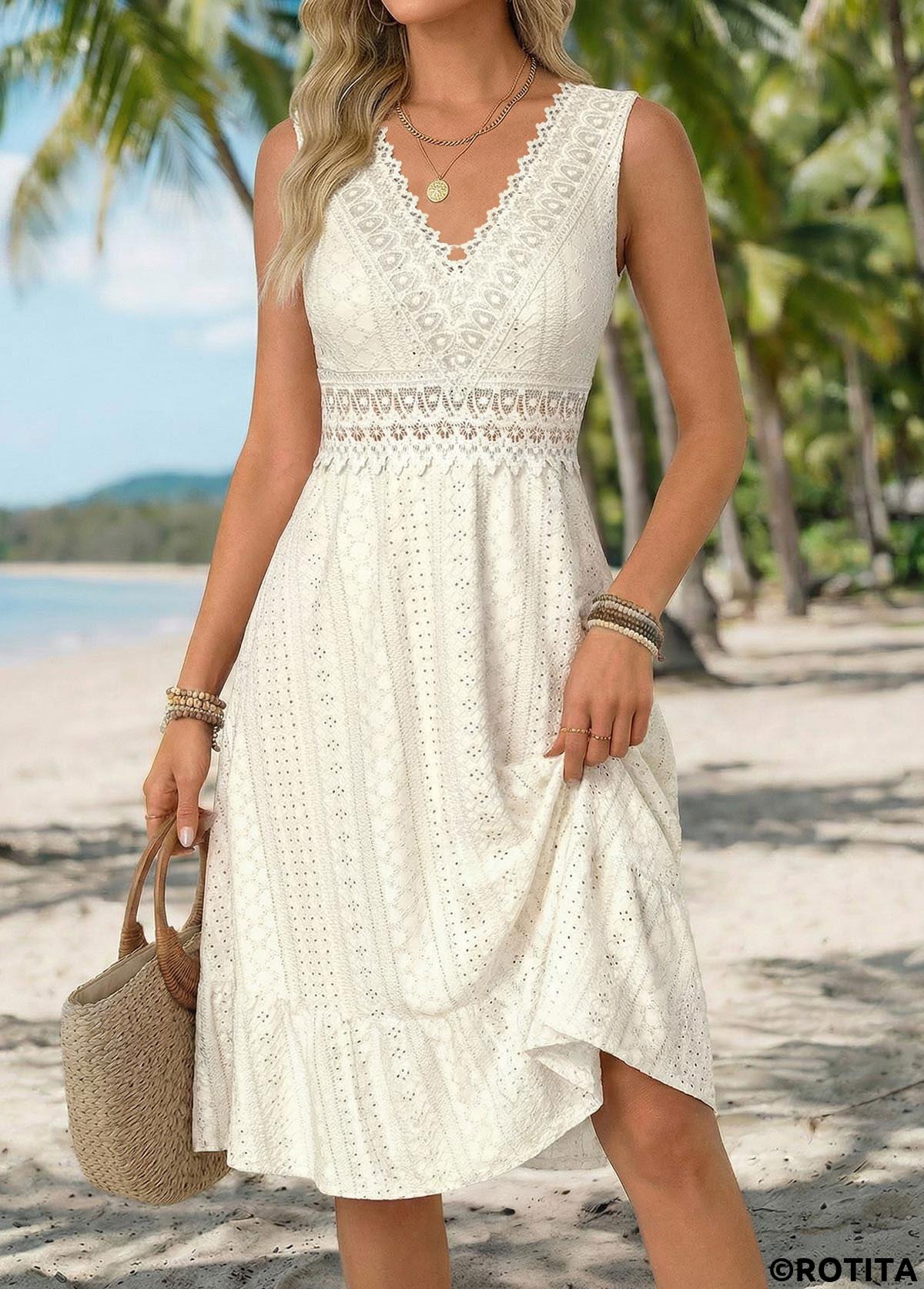 Beige dresses,Plain Color dresses,Vacation dresses,Vacation dresses,ROTITA Beige Shirred V Neck Sleeveless Dress