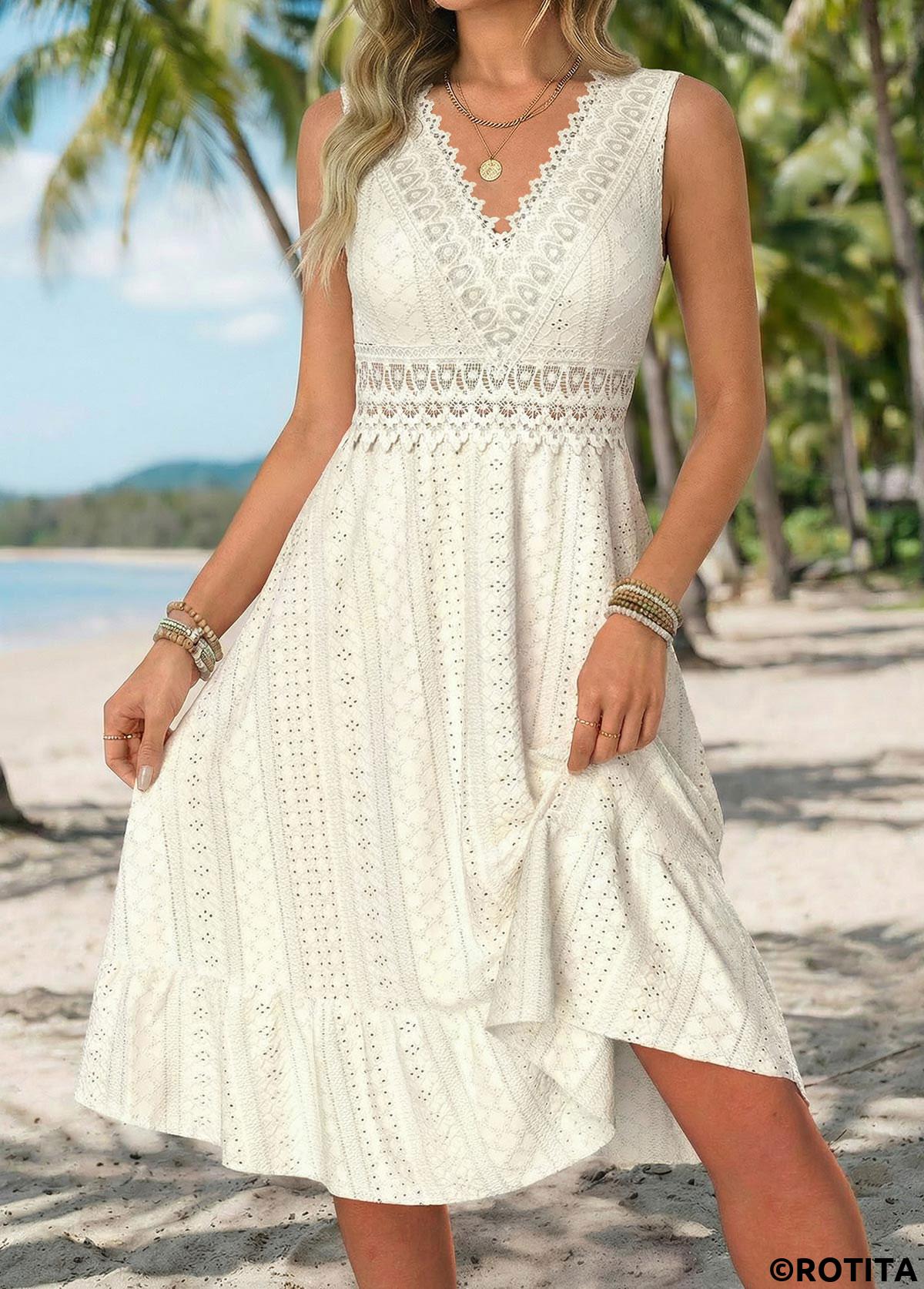 Beige dresses,Plain Color dresses,Vacation dresses,Vacation dresses,ROTITA Beige Shirred V Neck Sleeveless Dress