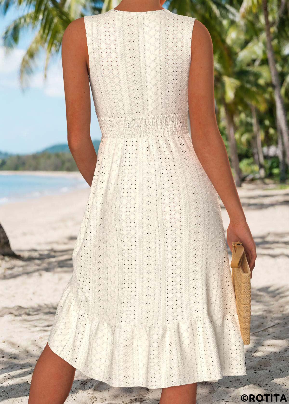 Beige dresses,Plain Color dresses,Vacation dresses,Vacation dresses,ROTITA Beige Shirred V Neck Sleeveless Dress