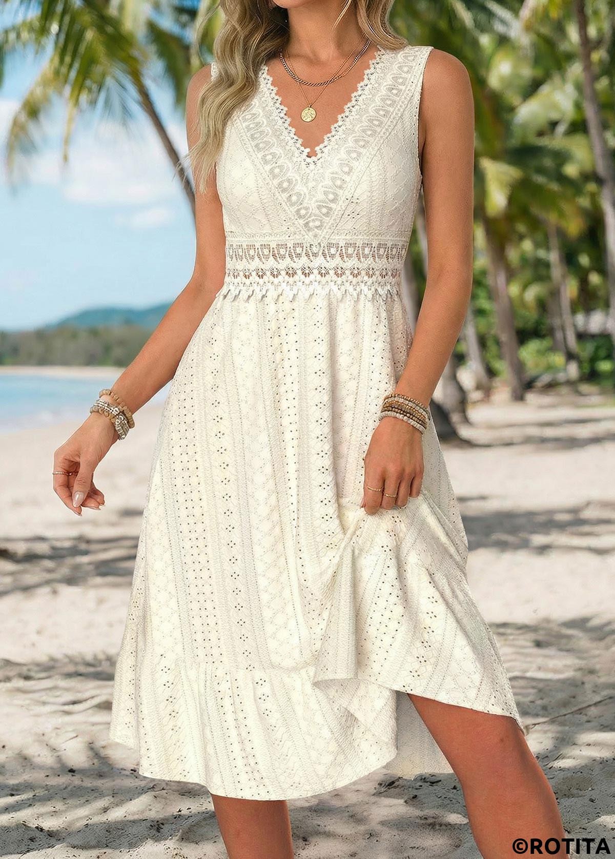 Beige dresses,Plain Color dresses,Vacation dresses,Vacation dresses,ROTITA Beige Shirred V Neck Sleeveless Dress