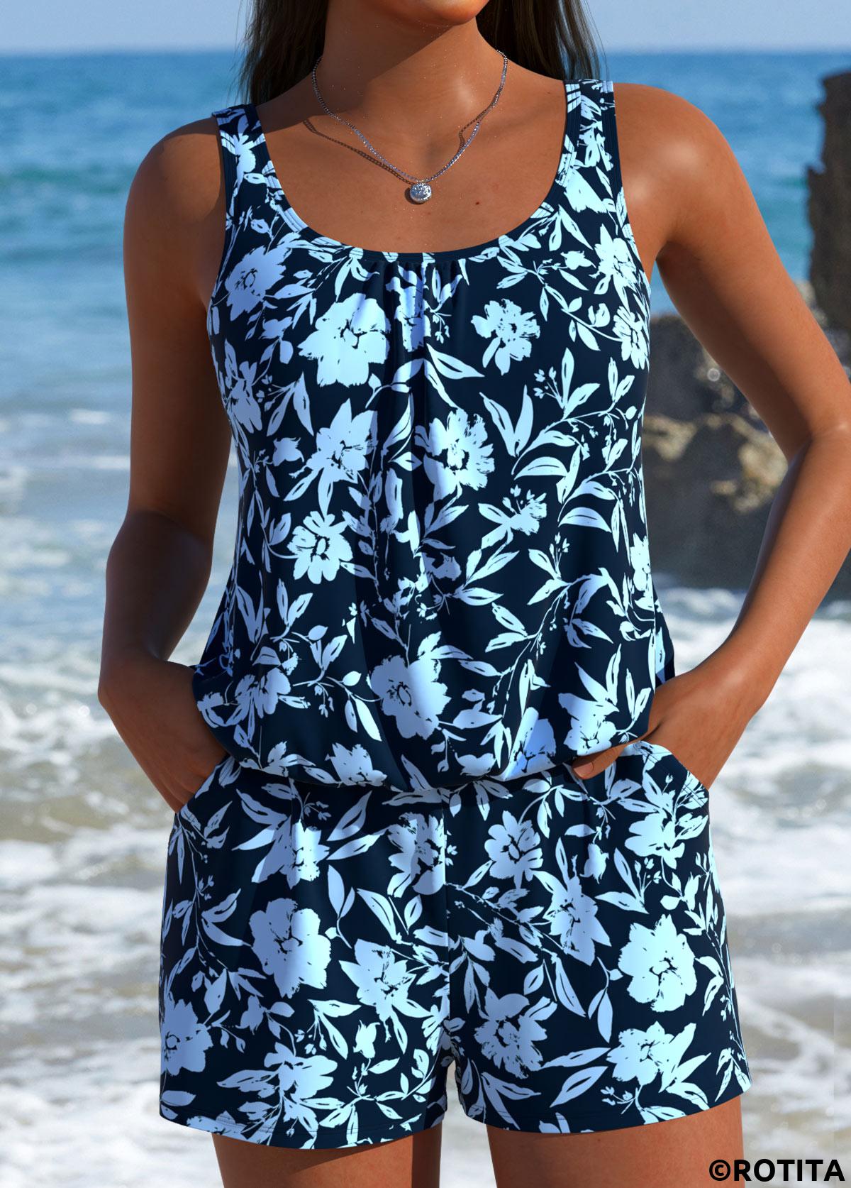 Dusty Blue swimwear,Ditsy Floral swimwear,ROTITA Dusty Blue Tummy Coverage One Piece Swimwear