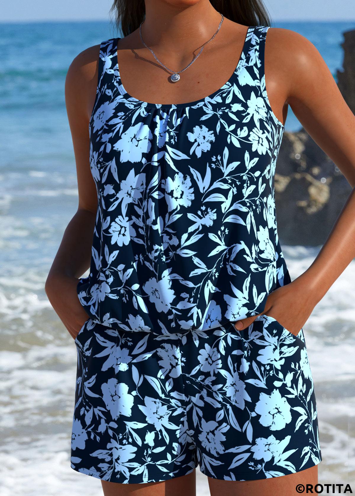 Dusty Blue swimwear,Ditsy Floral swimwear,ROTITA Dusty Blue Tummy Coverage One Piece Swimwear