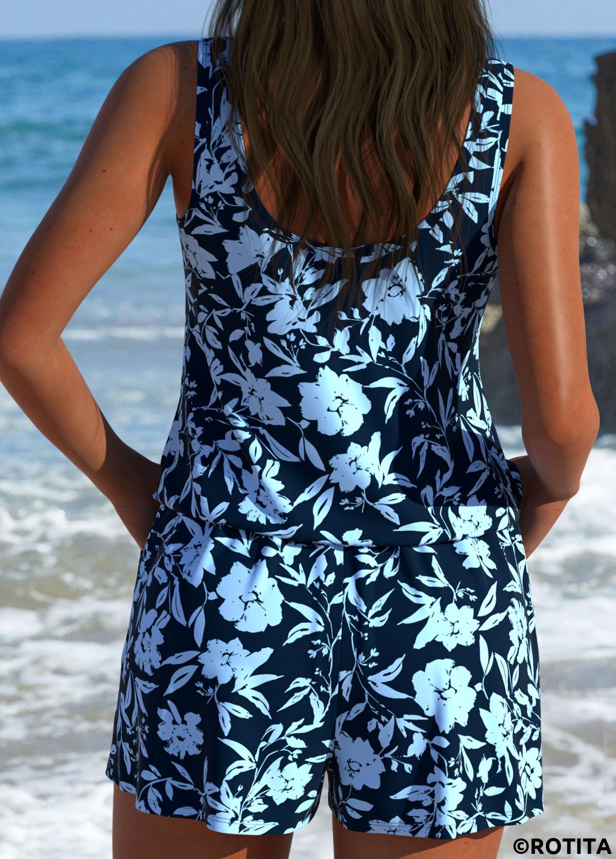 Dusty Blue swimwear,Ditsy Floral swimwear,ROTITA Dusty Blue Tummy Coverage One Piece Swimwear