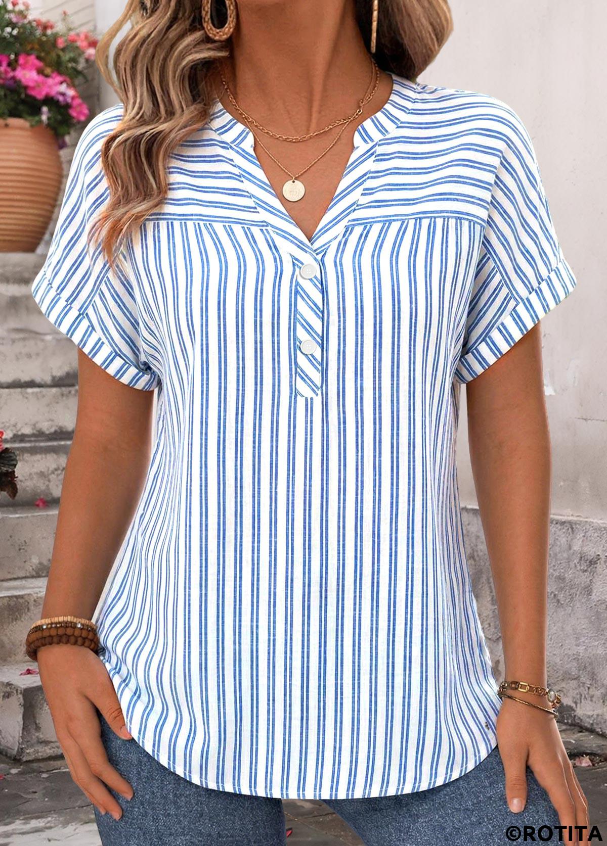 Blue tops,Striped tops,Geometric tops,ROTITA Bowknot Striped Blue Halter Strappy Blouse
