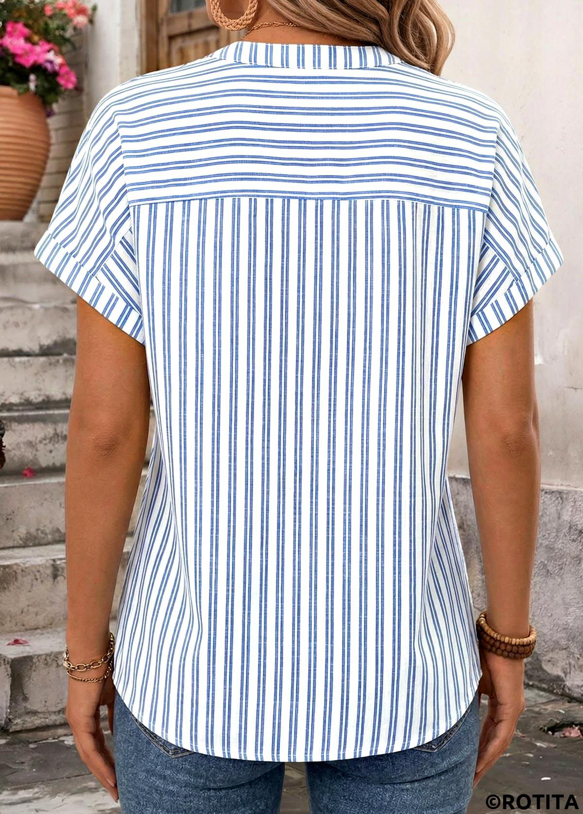 Blue tops,Striped tops,Geometric tops,ROTITA Bowknot Striped Blue Halter Strappy Blouse