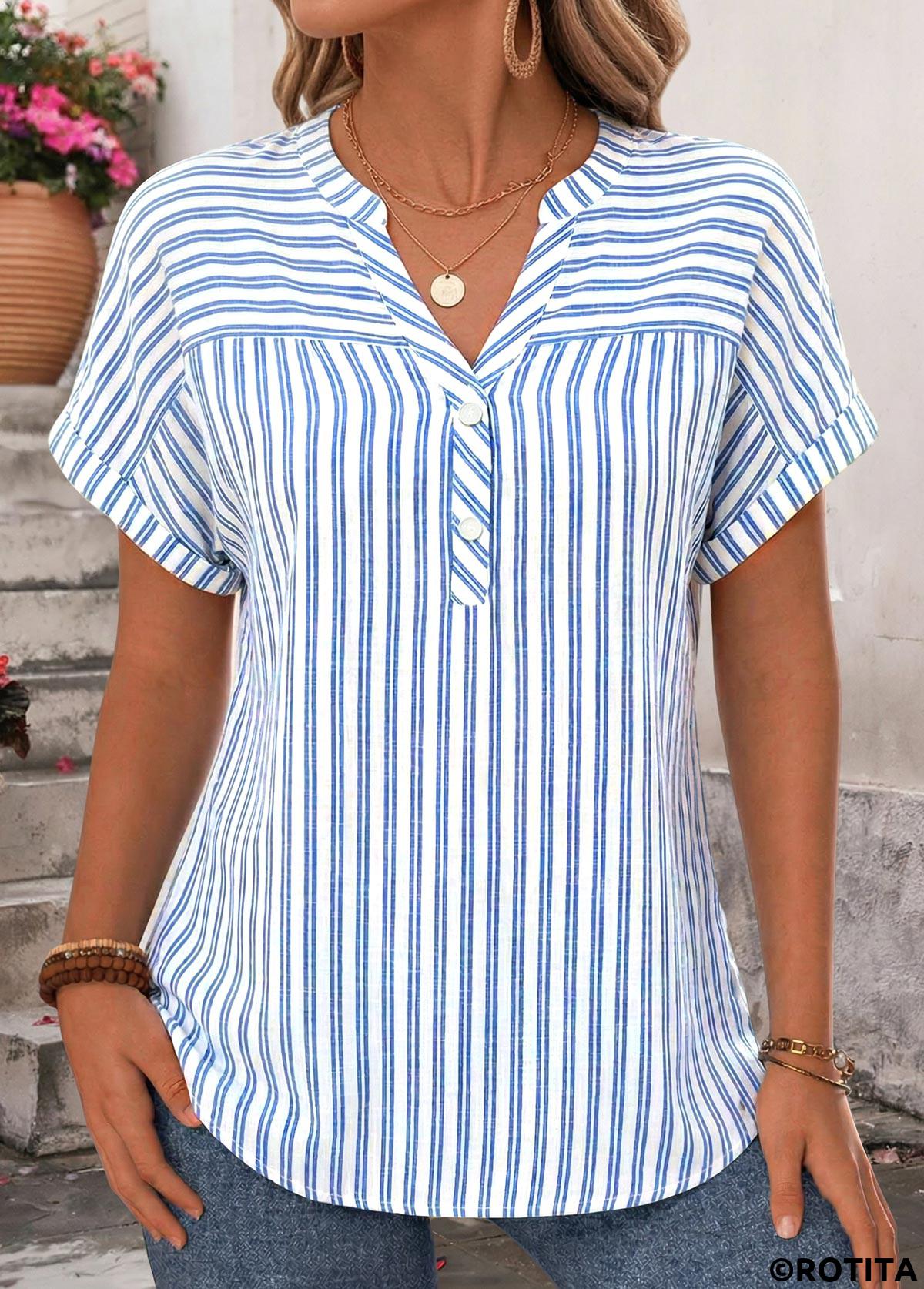 Blue tops,Striped tops,Geometric tops,ROTITA Bowknot Striped Blue Halter Strappy Blouse