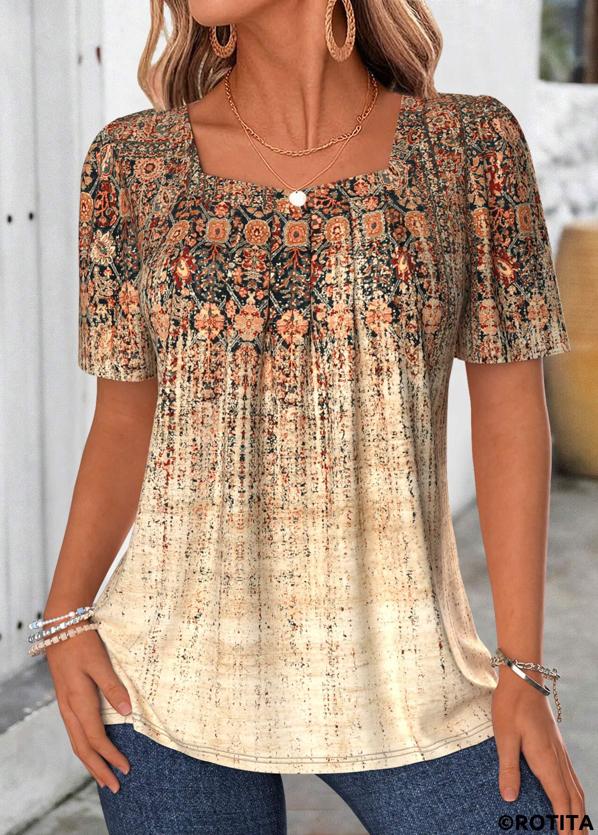 Light Coffee tops,Tribal tops,ROTITA Patchwork Tribal Print Light Coffee Square Neck T Shirt