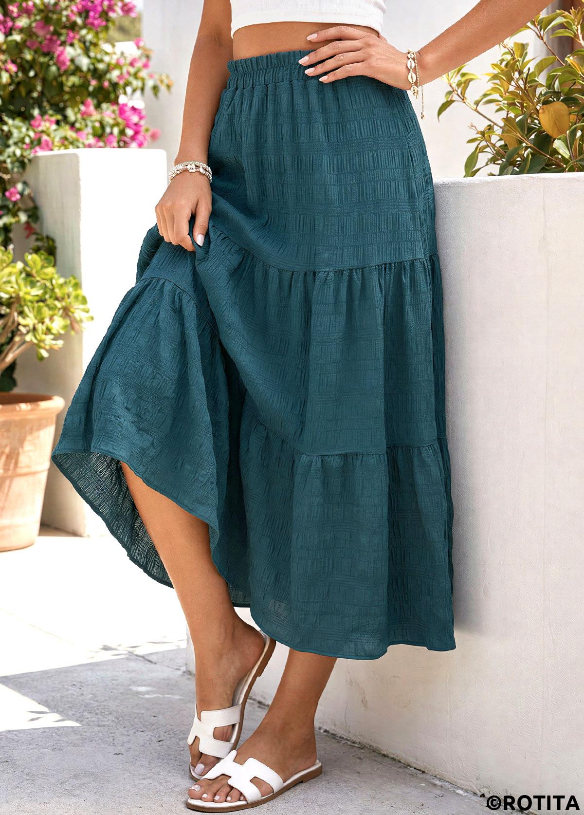 Blackish Green bottoms,Plain Color bottoms,Blackish Green Elastic Waist A Line Skirt