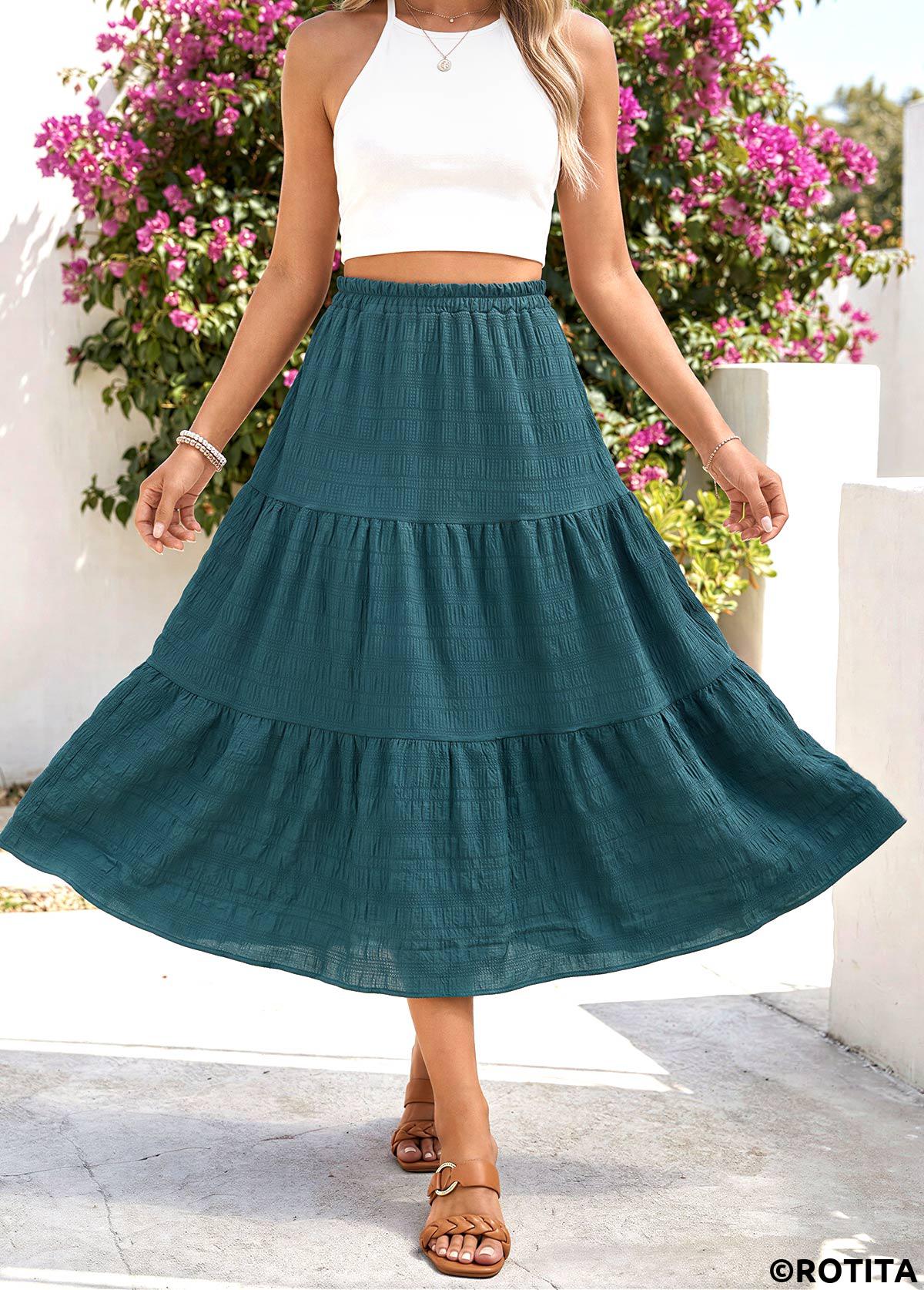 Blackish Green bottoms,Plain Color bottoms,Blackish Green Elastic Waist A Line Skirt