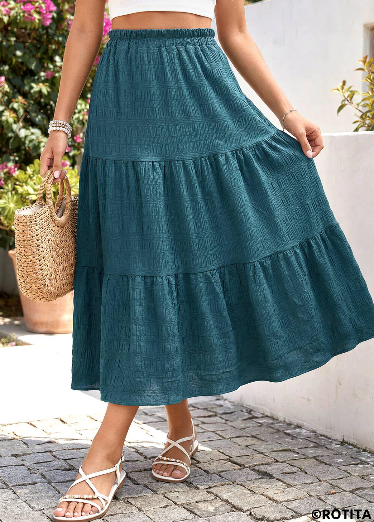 Blackish Green bottoms,Plain Color bottoms,Blackish Green Elastic Waist A Line Skirt