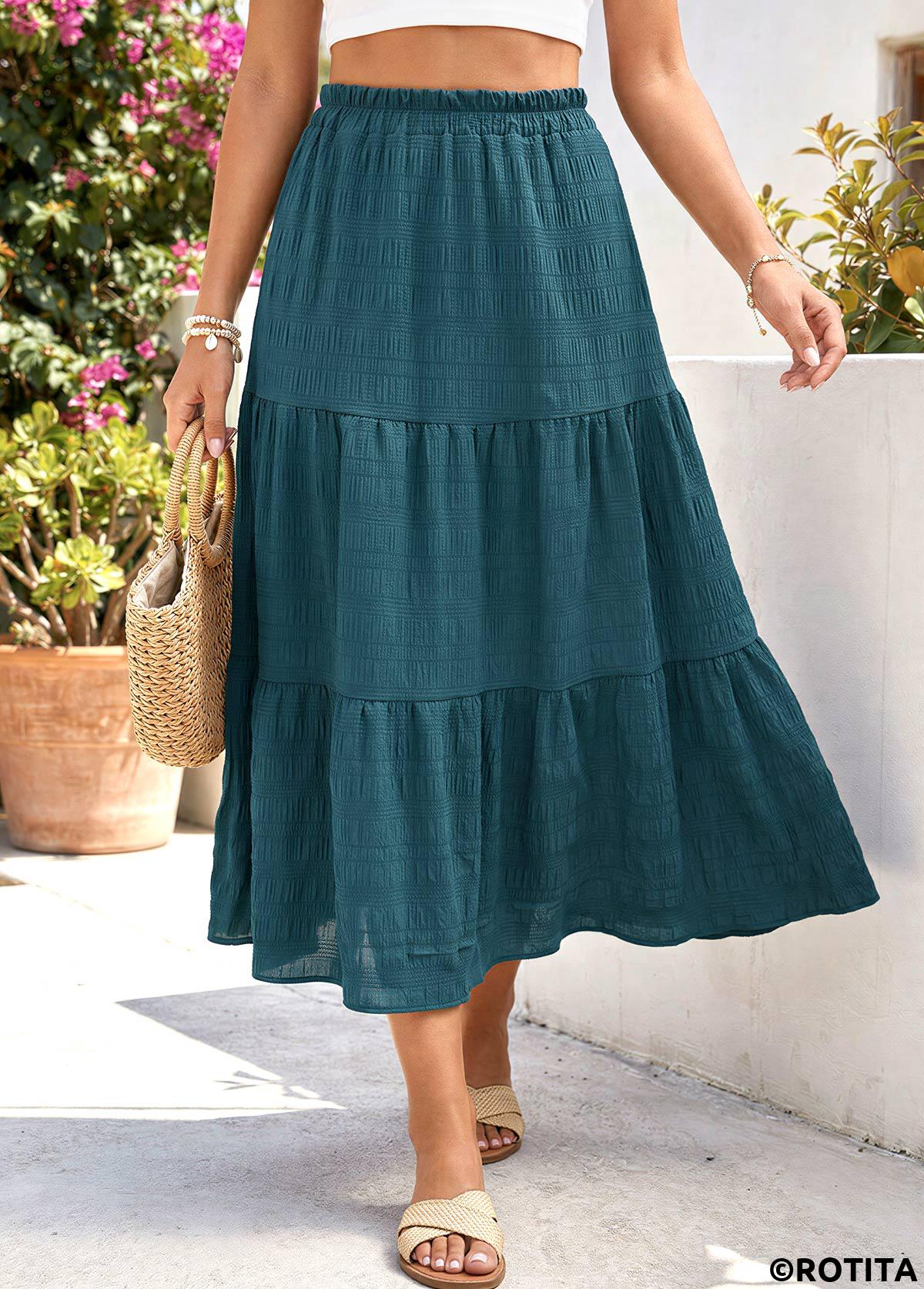 Blackish Green bottoms,Plain Color bottoms,Blackish Green Elastic Waist A Line Skirt