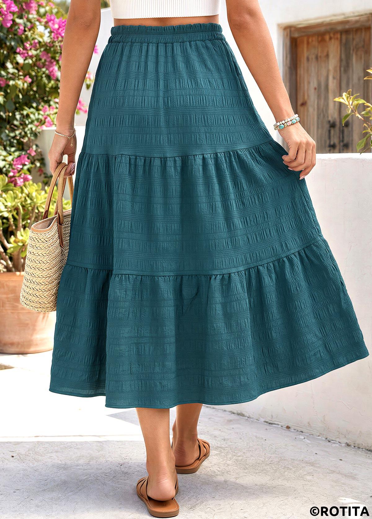 Blackish Green bottoms,Plain Color bottoms,Blackish Green Elastic Waist A Line Skirt