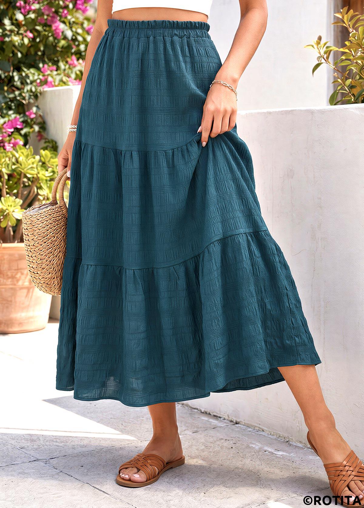 Blackish Green bottoms,Plain Color bottoms,Blackish Green Elastic Waist A Line Skirt
