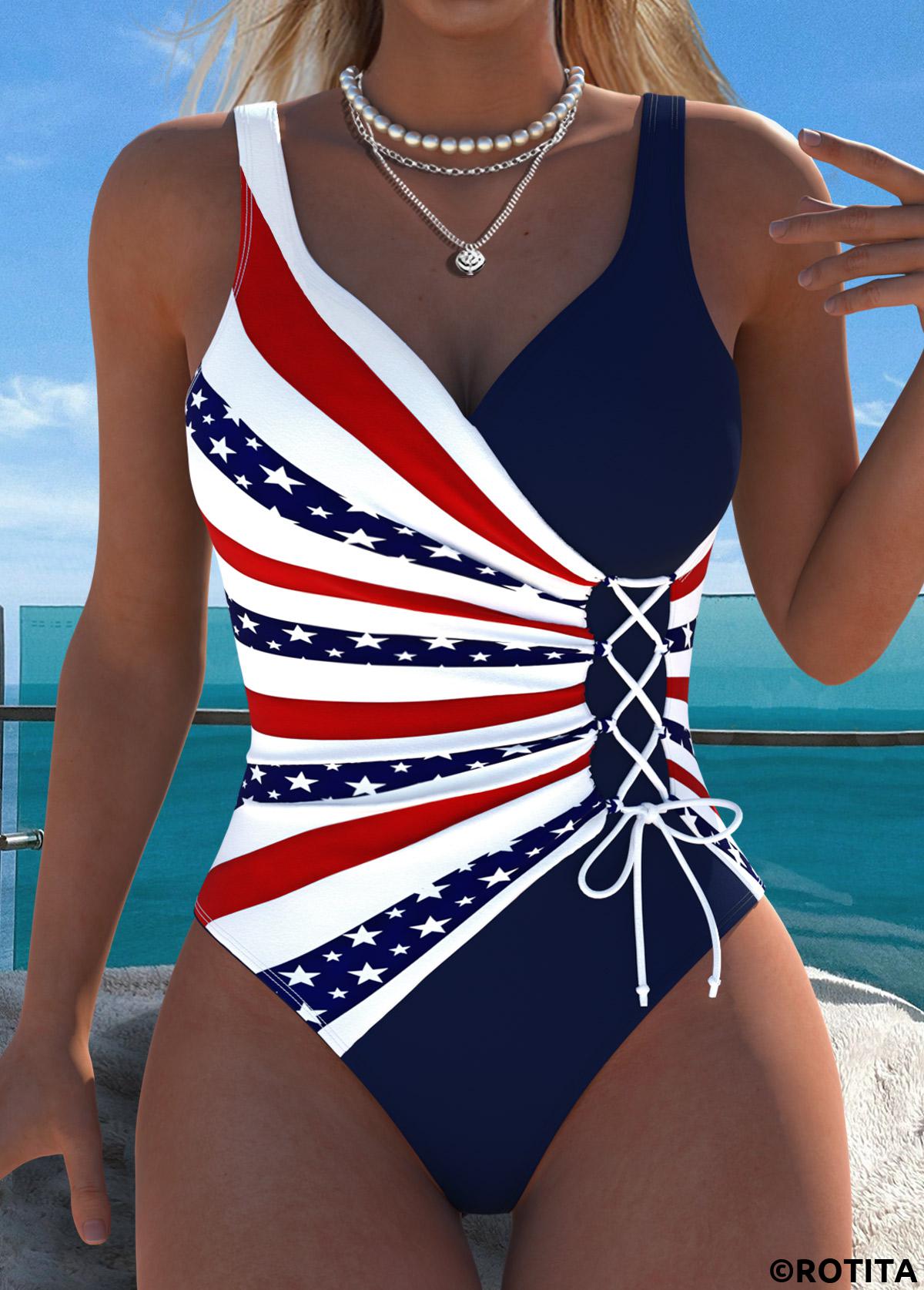 Navy swimwear,Flag swimwear,ROTITA American Flag Navy Patchwork One Piece Swimwear