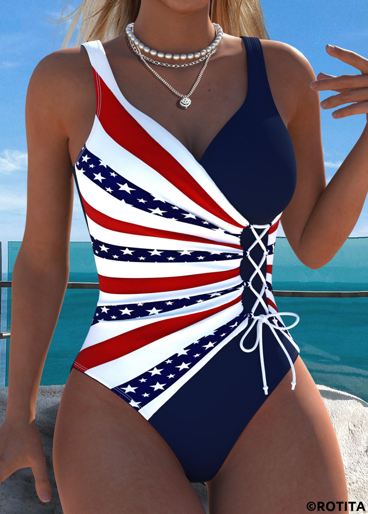 Navy swimwear,Flag swimwear,ROTITA American Flag Navy Patchwork One Piece Swimwear