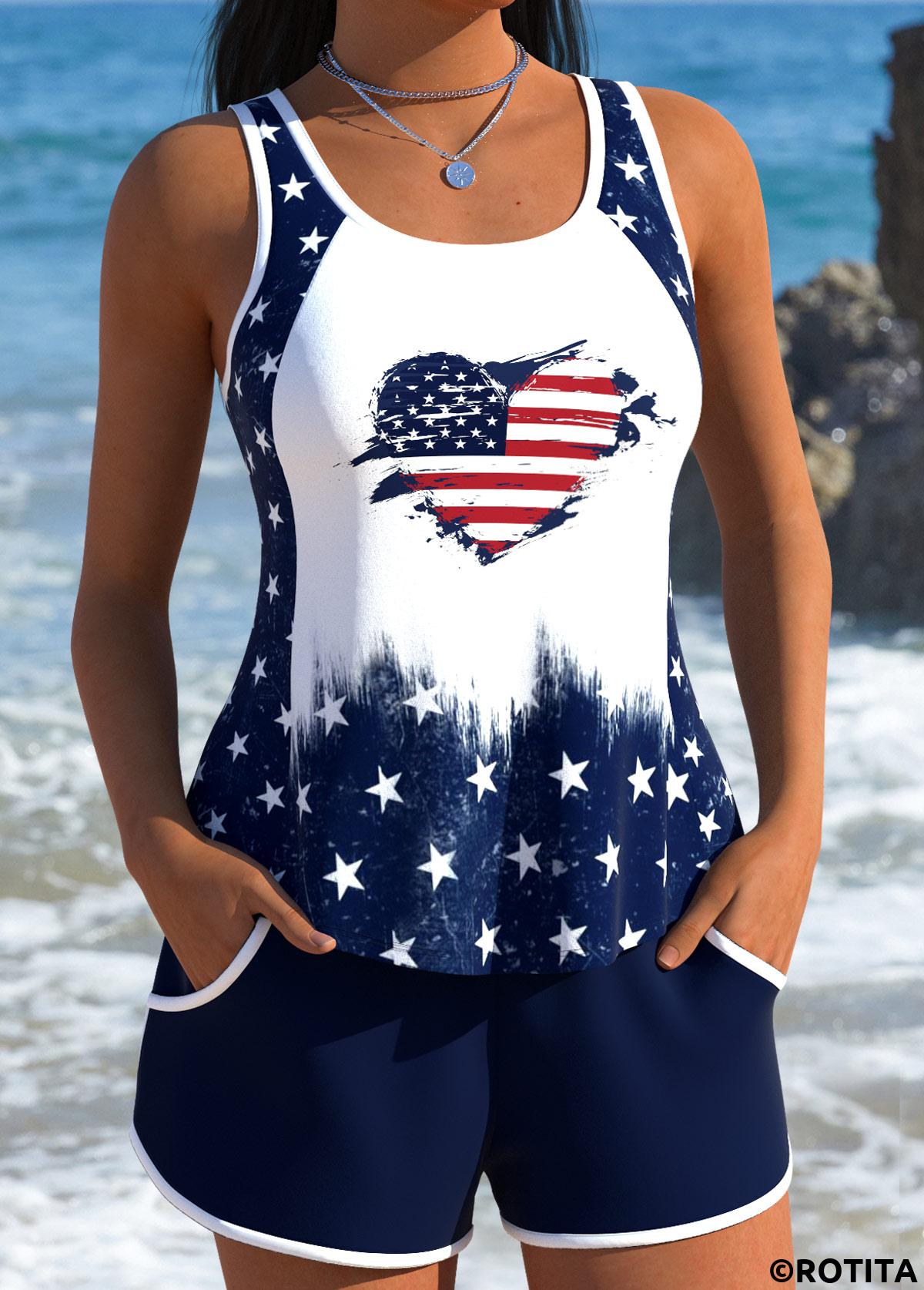 Navy swimwear,Flag swimwear,ROTITA American Flag Navy Patchwork Mid Waisted Tankini Set