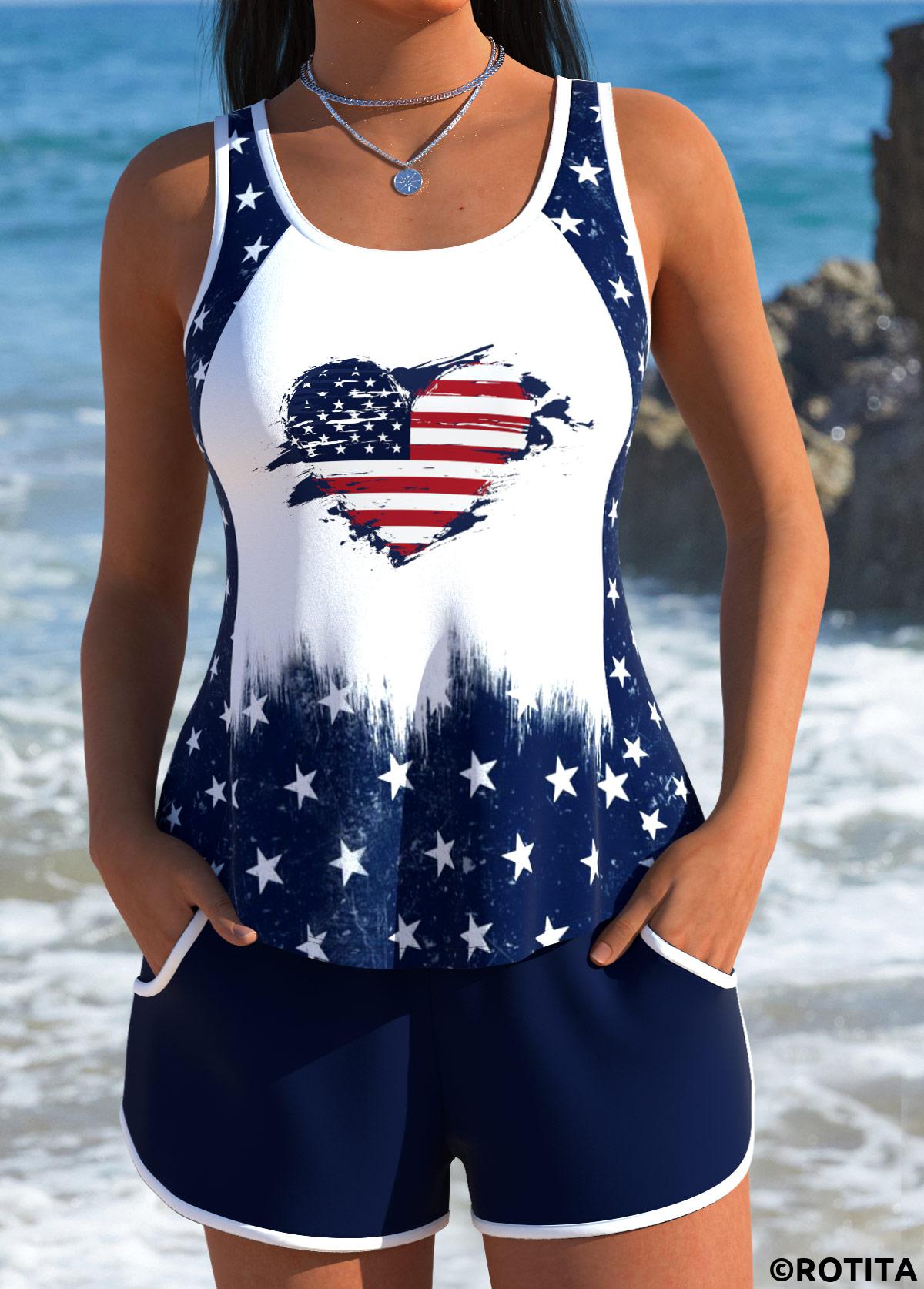 Navy swimwear,Flag swimwear,ROTITA American Flag Navy Patchwork Mid Waisted Tankini Set