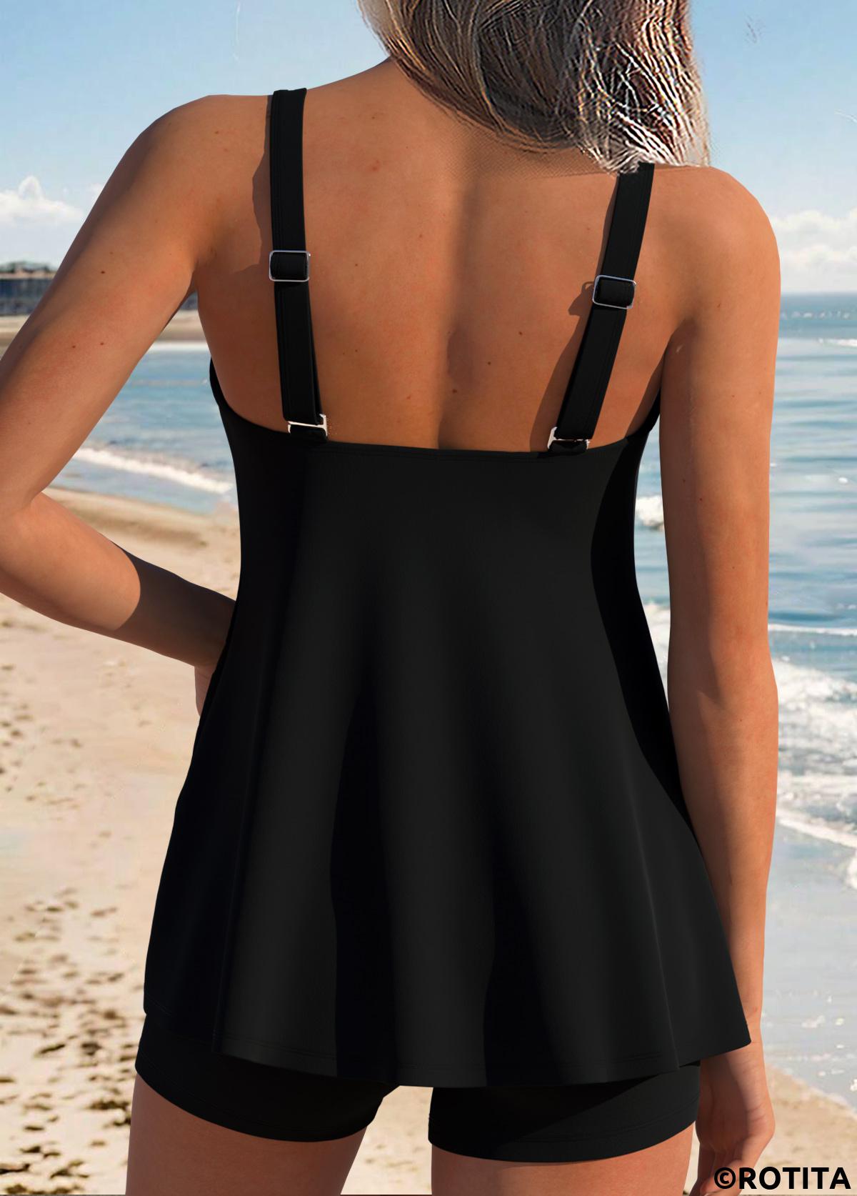 Black swimwear,Flag swimwear,ROTITA Black Lace Up American Flag Print Tankini Top