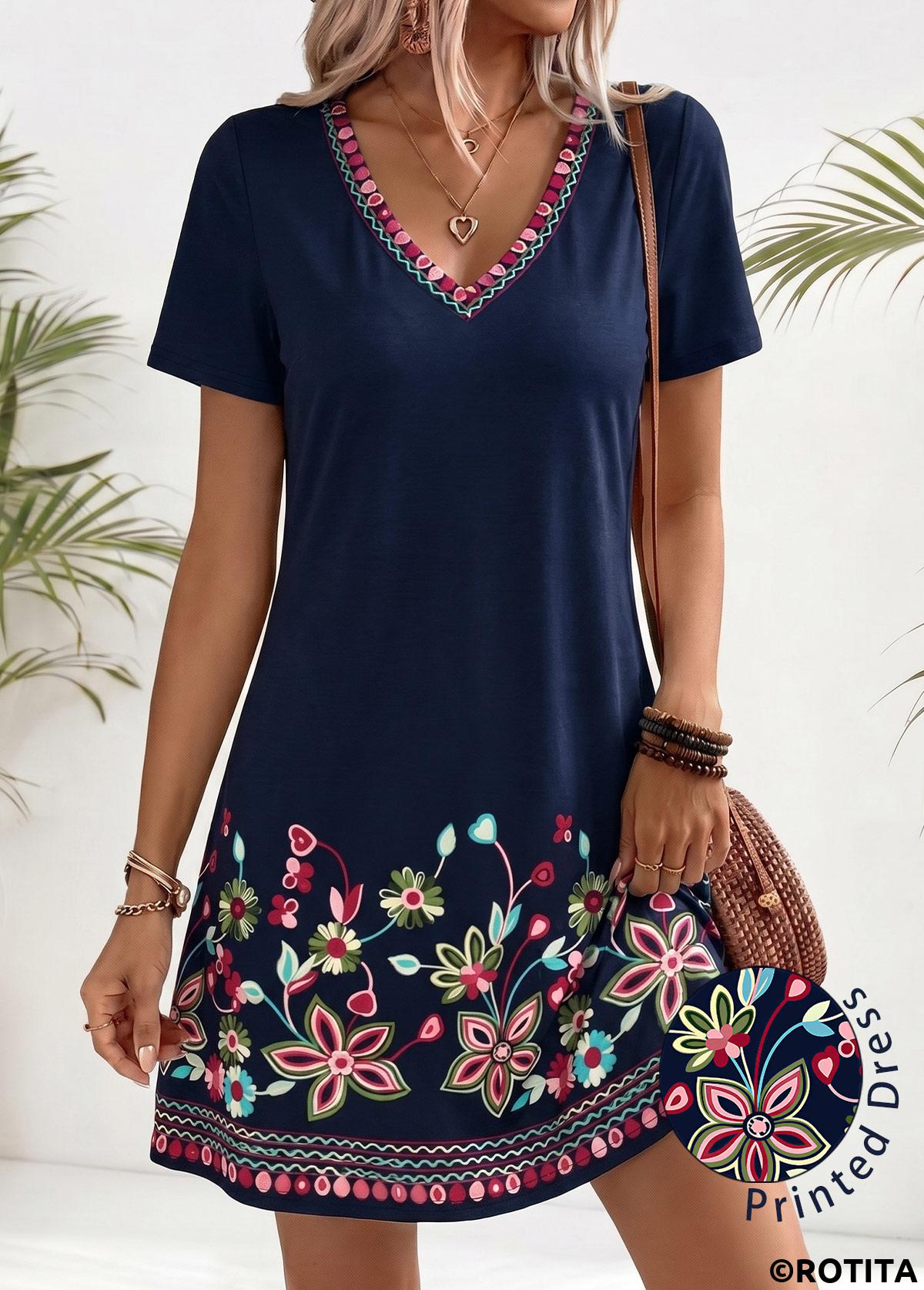 Navy dresses,Floral dresses,Plants dresses,Everyday dresses,Casual dresses,ROTITA American Flag Navy Floral Print Tummy Coverage Short Dress