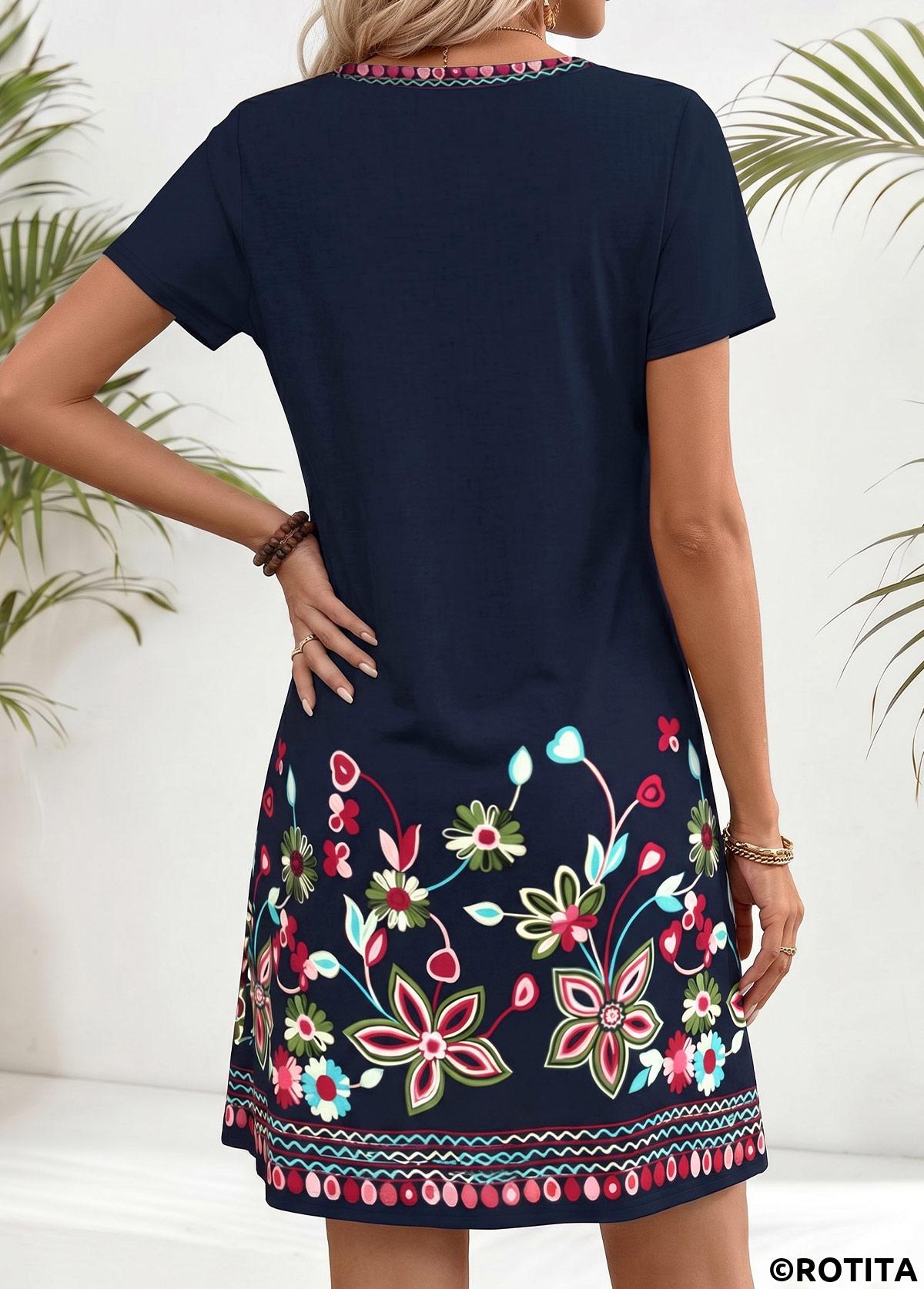Navy dresses,Floral dresses,Plants dresses,Everyday dresses,Casual dresses,ROTITA American Flag Navy Floral Print Tummy Coverage Short Dress