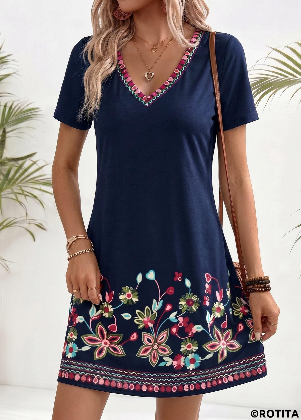 Navy dresses,Floral dresses,Plants dresses,Everyday dresses,Casual dresses,ROTITA American Flag Navy Floral Print Tummy Coverage Short Dress