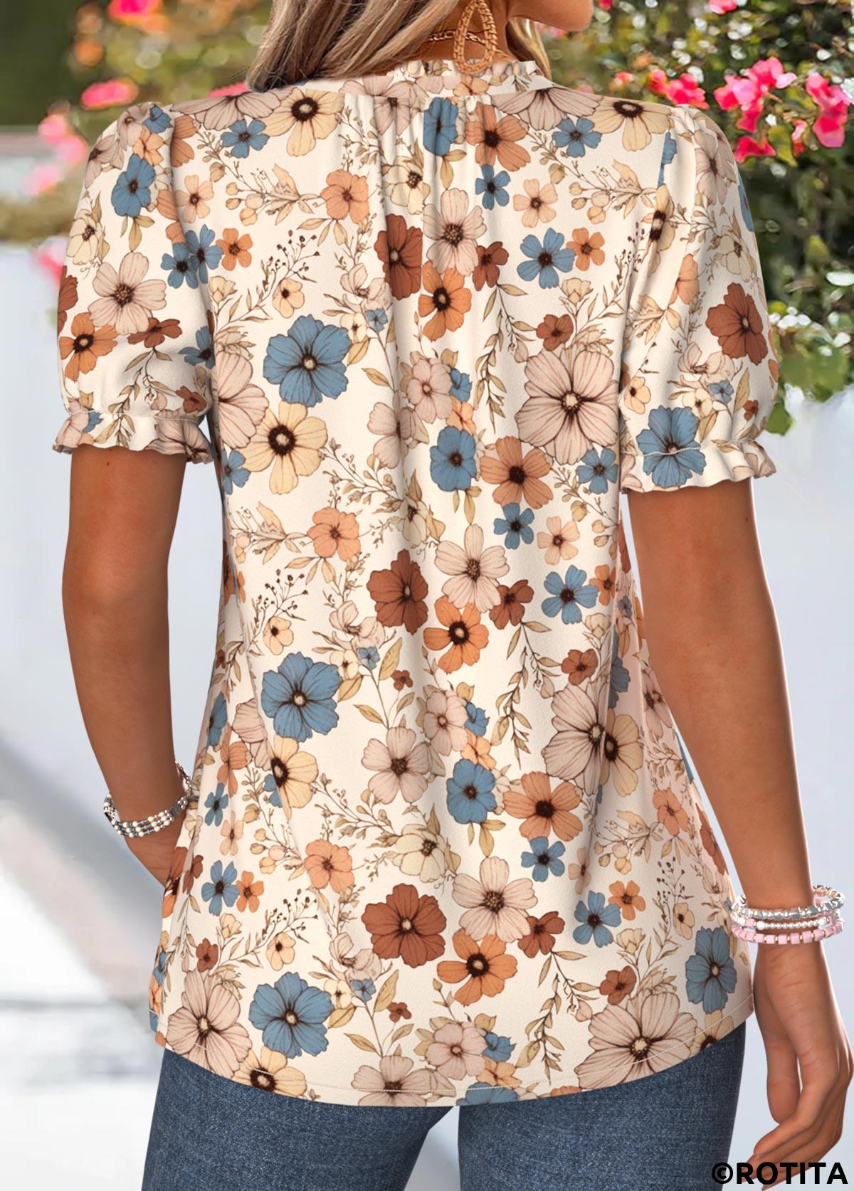 Multi Color tops,Floral tops,Plants tops,ROTITA Frill Floral Print Multi Color V Neck T Shirt