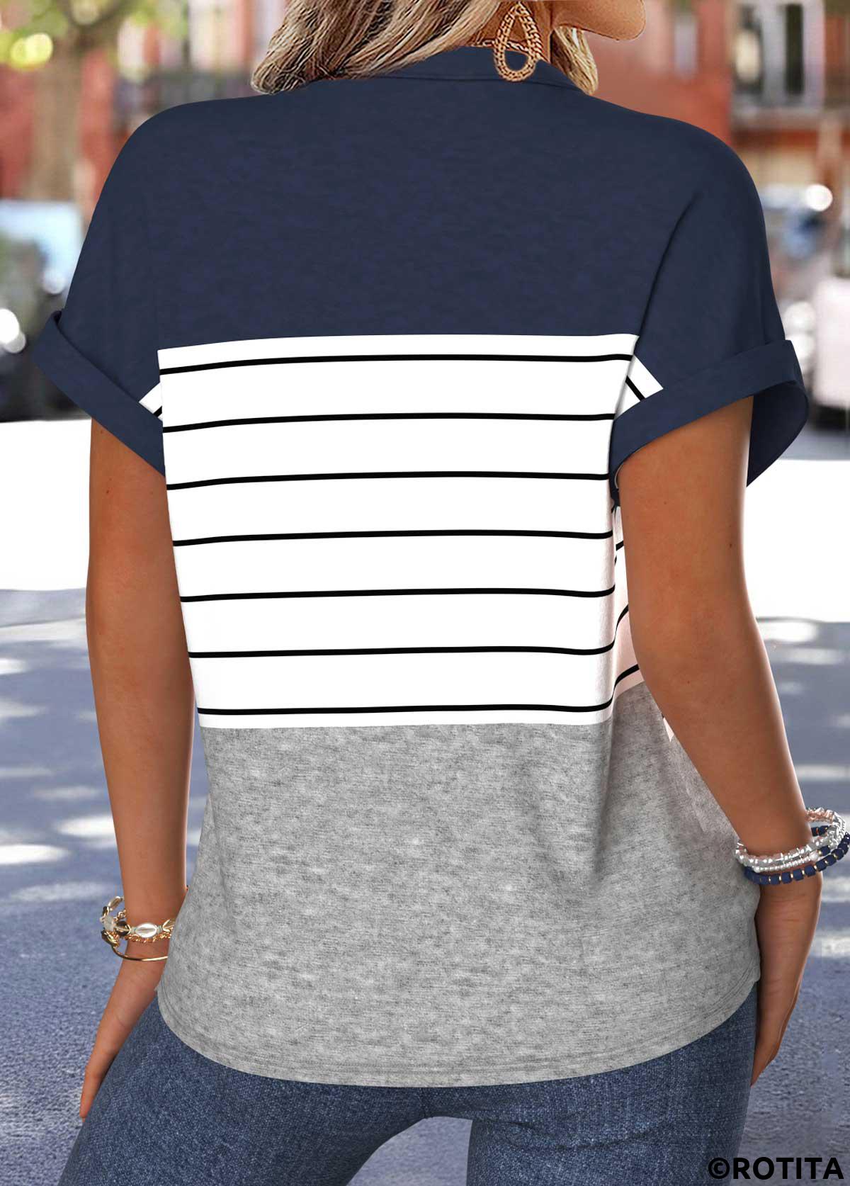Navy tops,Striped tops,Geometric tops,ROTITA Patchwork Striped Navy Split Neck Short Sleeve Blouse