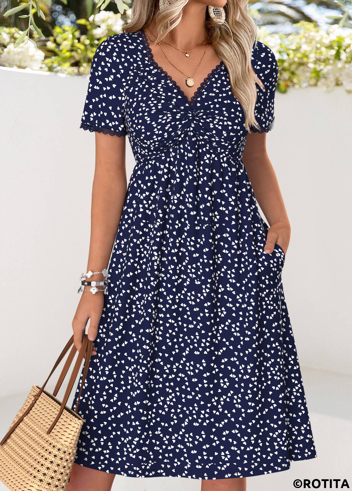 Navy dresses,Heart dresses,Vacation dresses,Vacation dresses,ROTITA Navy Heart Print Twist V Neck Short Sleeve Dress