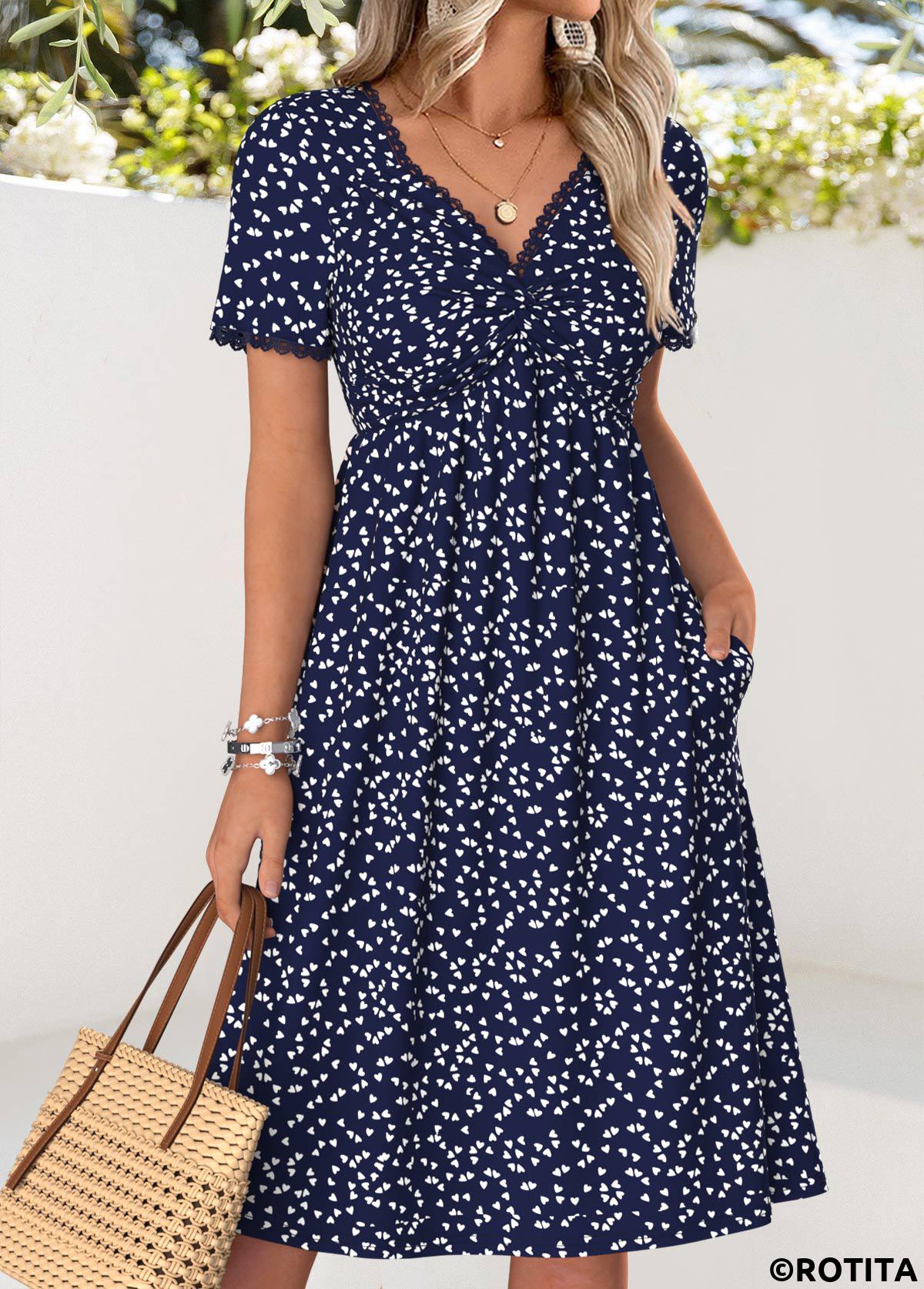 Navy dresses,Heart dresses,Vacation dresses,Vacation dresses,ROTITA Navy Heart Print Twist V Neck Short Sleeve Dress