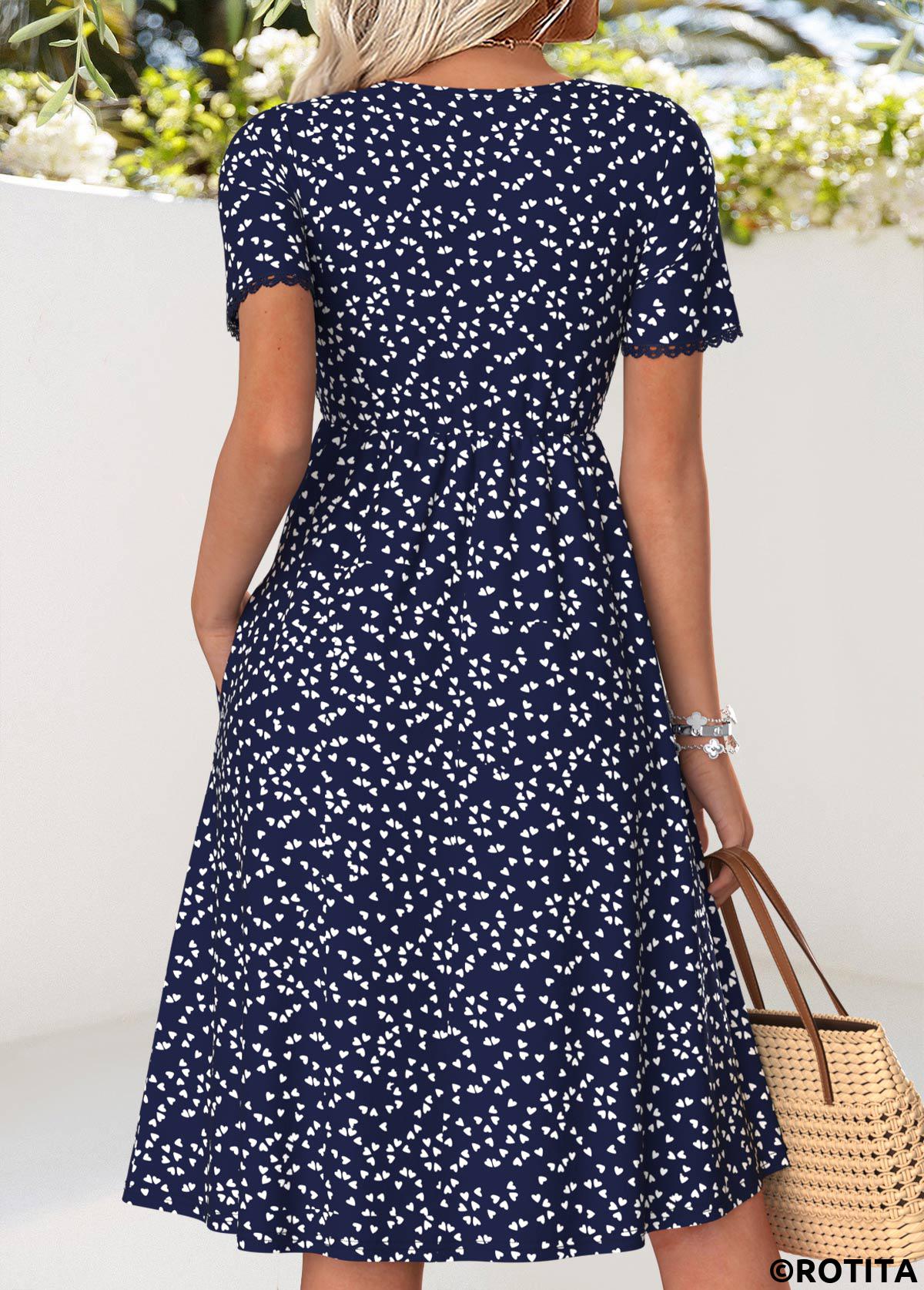 Navy dresses,Heart dresses,Vacation dresses,Vacation dresses,ROTITA Navy Heart Print Twist V Neck Short Sleeve Dress