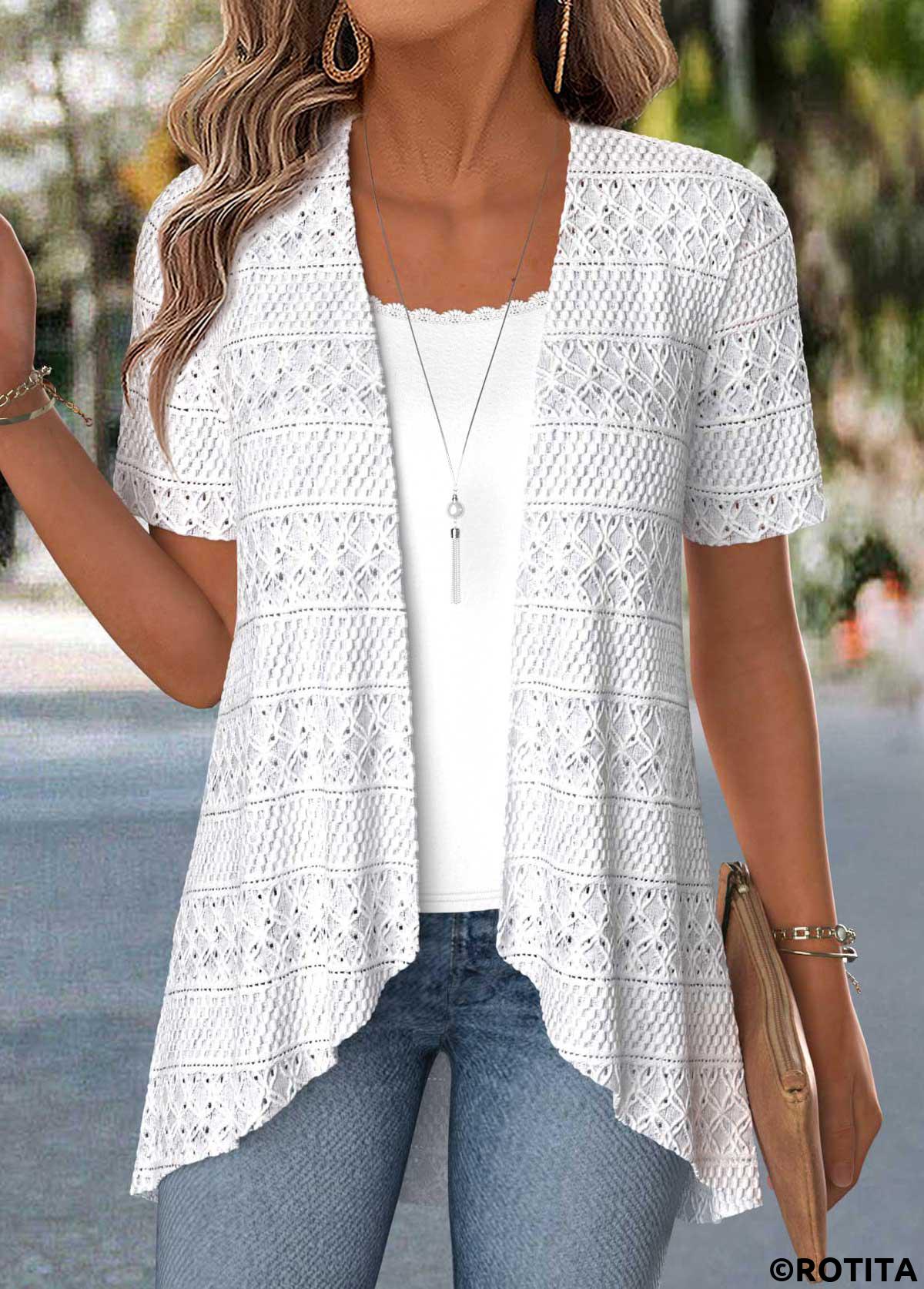 Raw white tops,Plain Color tops,ROTITA Raw White Short Sleeve Fake Two Piece Twinset