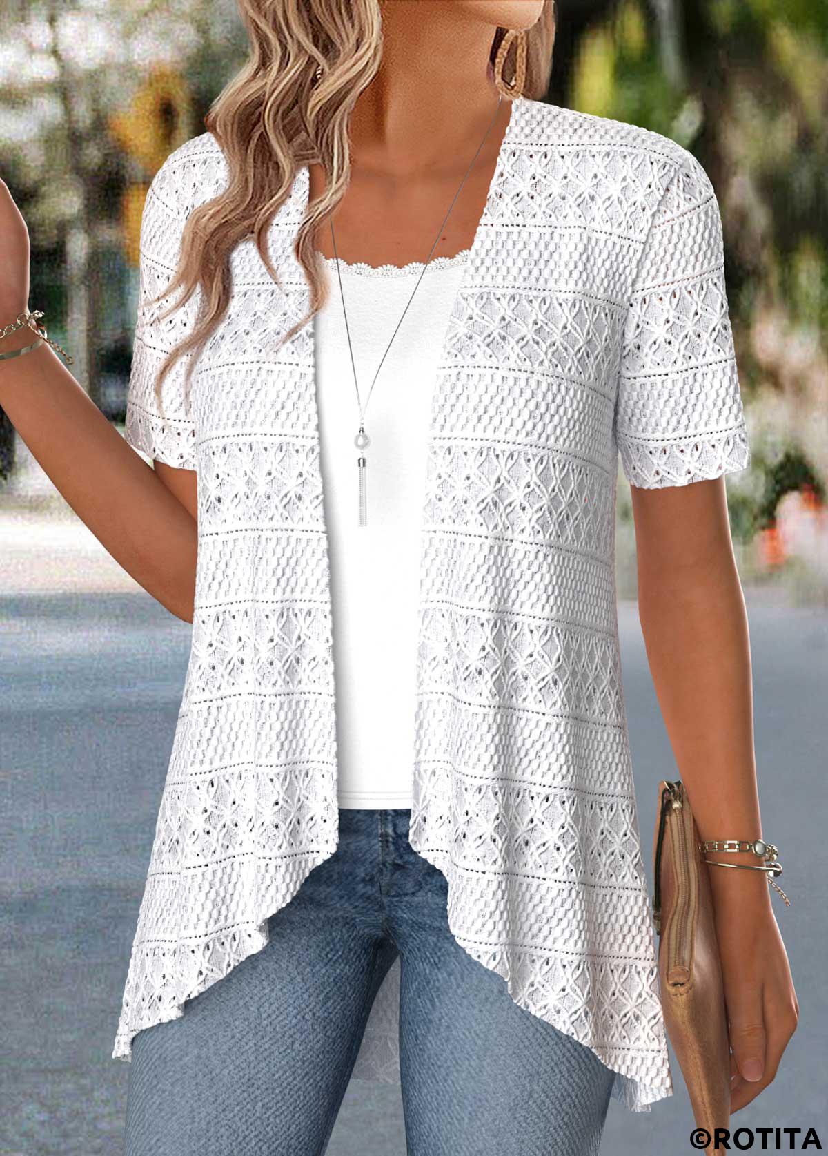 Raw white tops,Plain Color tops,ROTITA Raw White Short Sleeve Fake Two Piece Twinset