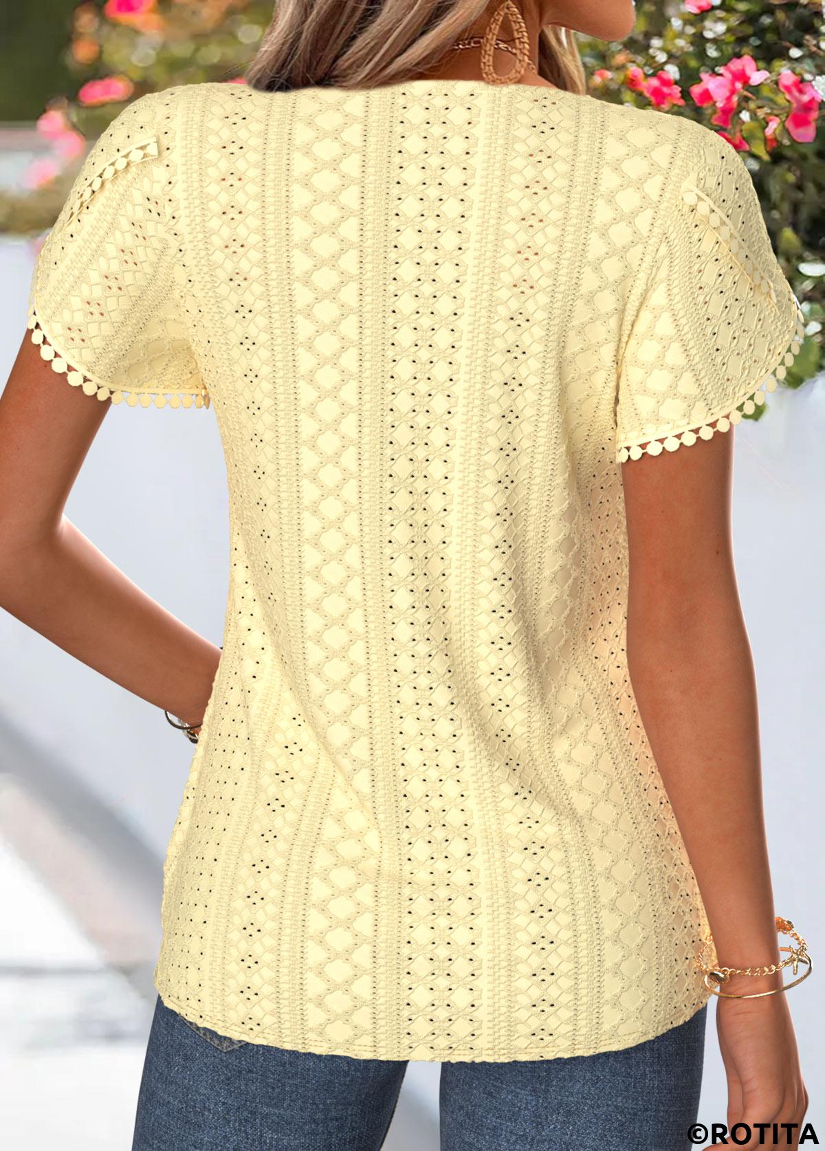 Light Yellow tops,Plain Color tops,ROTITA Curved Hem Light Yellow Split Neck T Shirt