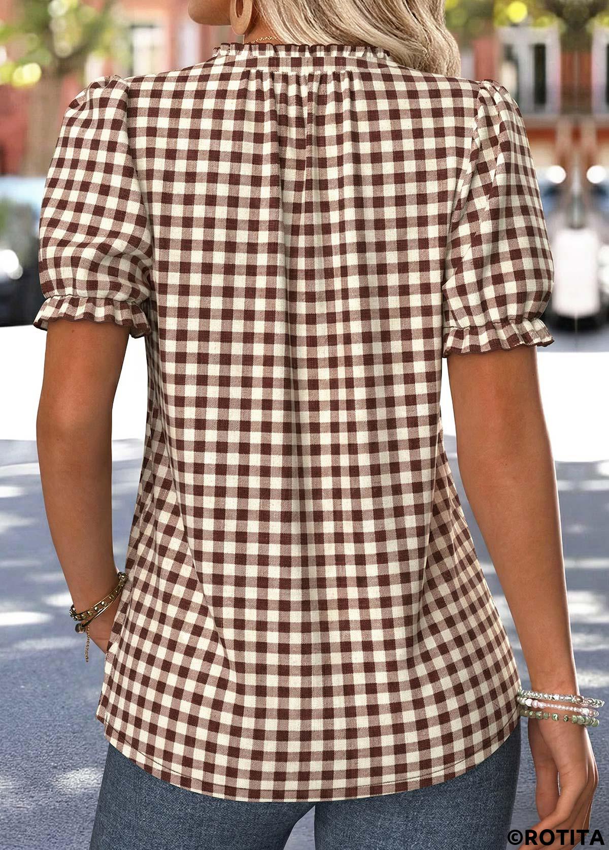 Black tops,Plaid tops,Geometric tops,ROTITA Frill Plaid Dark Coffee V Neck T Shirt