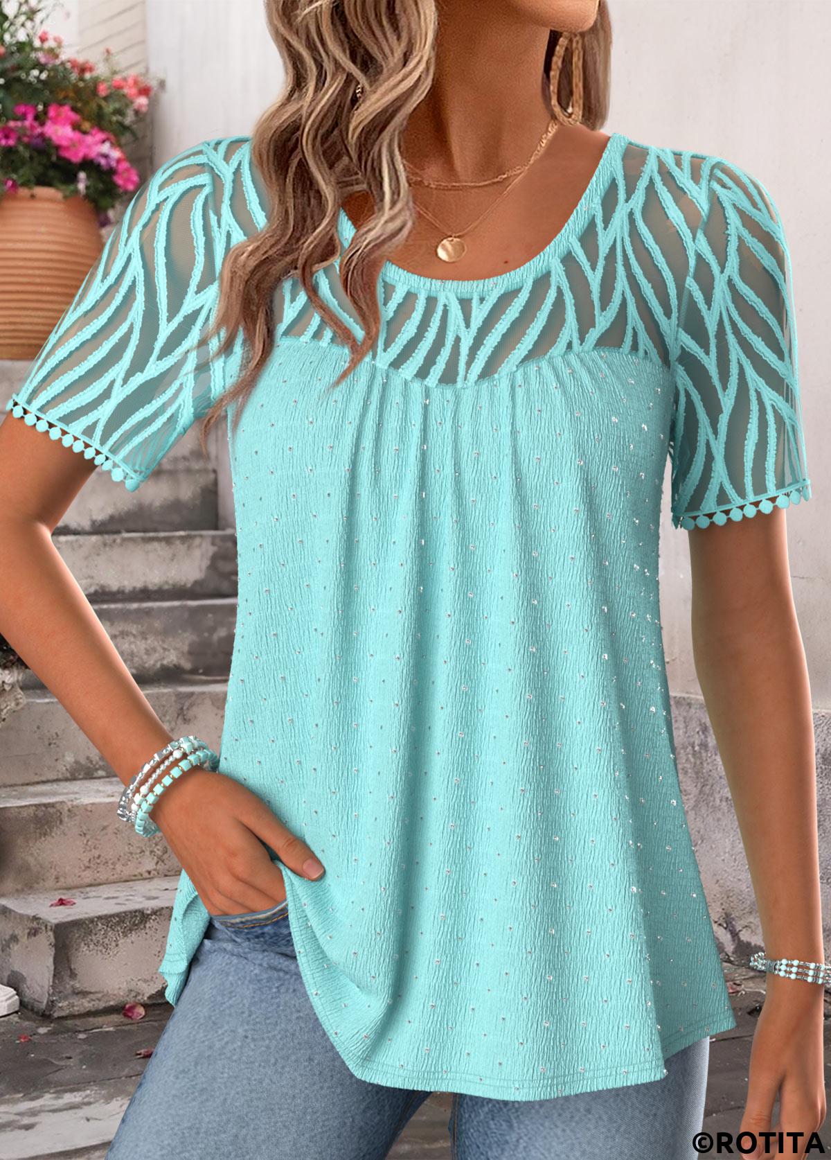 Cyan tops,Plain Color tops,ROTITA Patchwork Cyan Scoop Neck Short Sleeve T Shirt