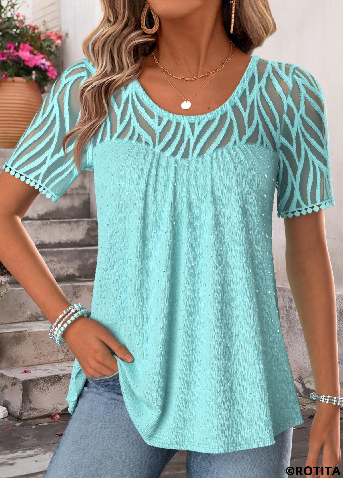 Cyan tops,Plain Color tops,ROTITA Patchwork Cyan Scoop Neck Short Sleeve T Shirt