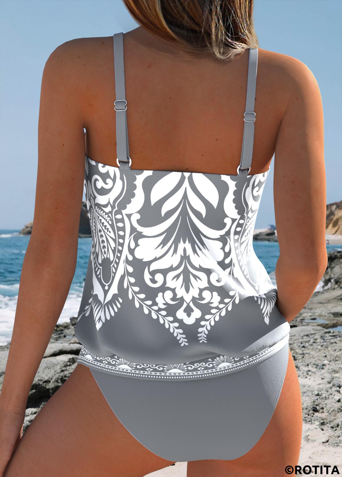 Grey swimwear,Tribal swimwear,ROTITA Grey Two-piece Tribal Print Mid Waisted Tankini Set