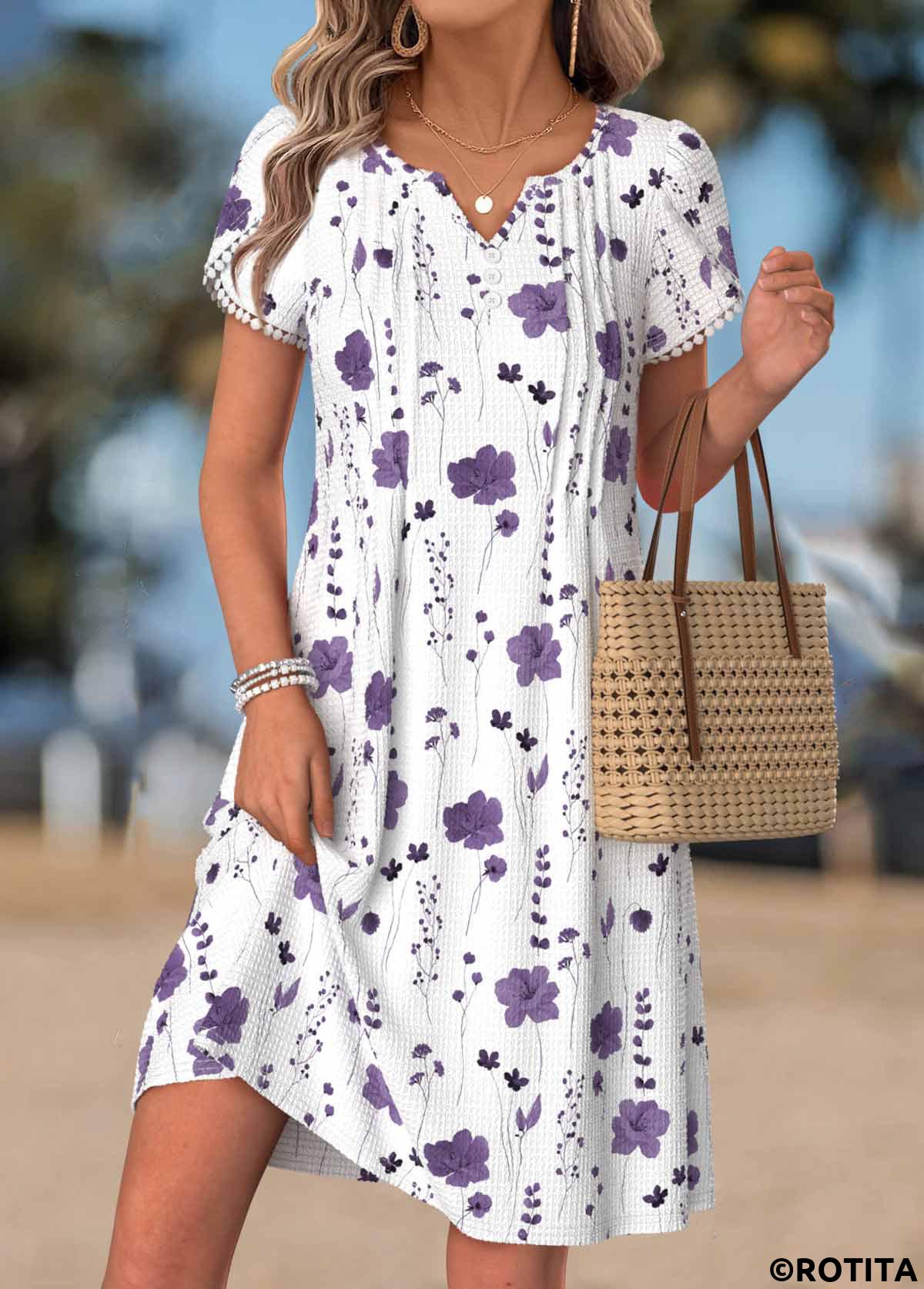 White dresses,Floral dresses,Plants dresses,Vacation dresses,Vacation dresses,ROTITA White Floral Print Tuck Stitch Short Split Neck Dress