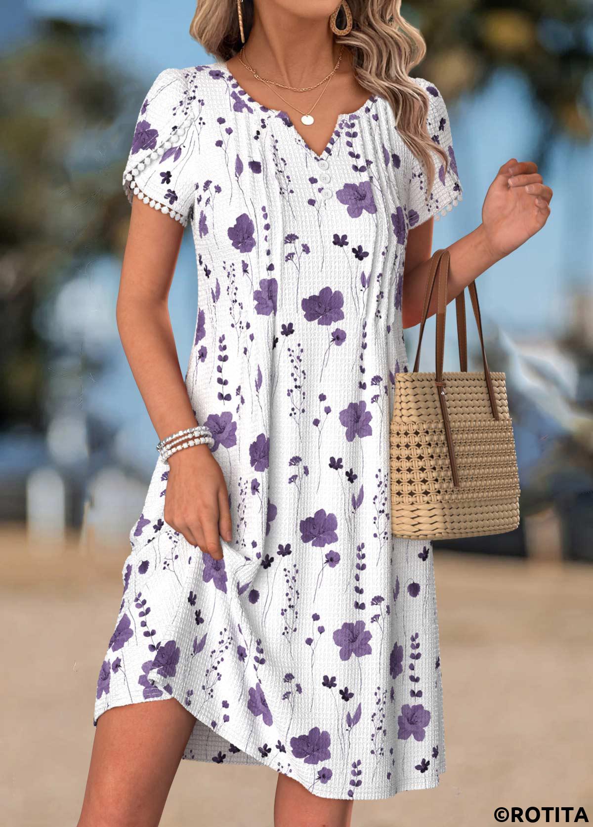 White dresses,Floral dresses,Plants dresses,Vacation dresses,Vacation dresses,ROTITA White Floral Print Tuck Stitch Short Split Neck Dress
